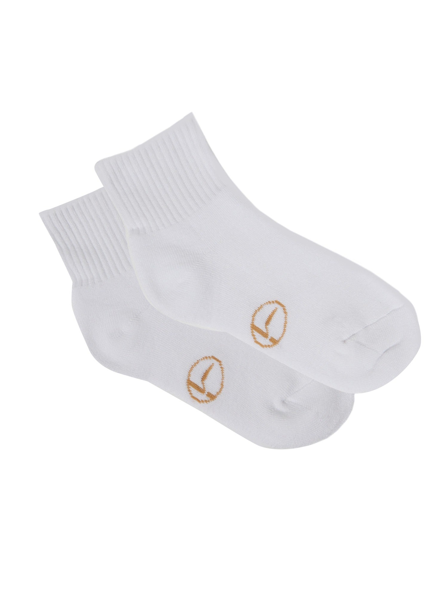 Model wearing white bamboo crew socks, mid to low rise, ribbed ankle support and cushioned sole, bamboo sport sock