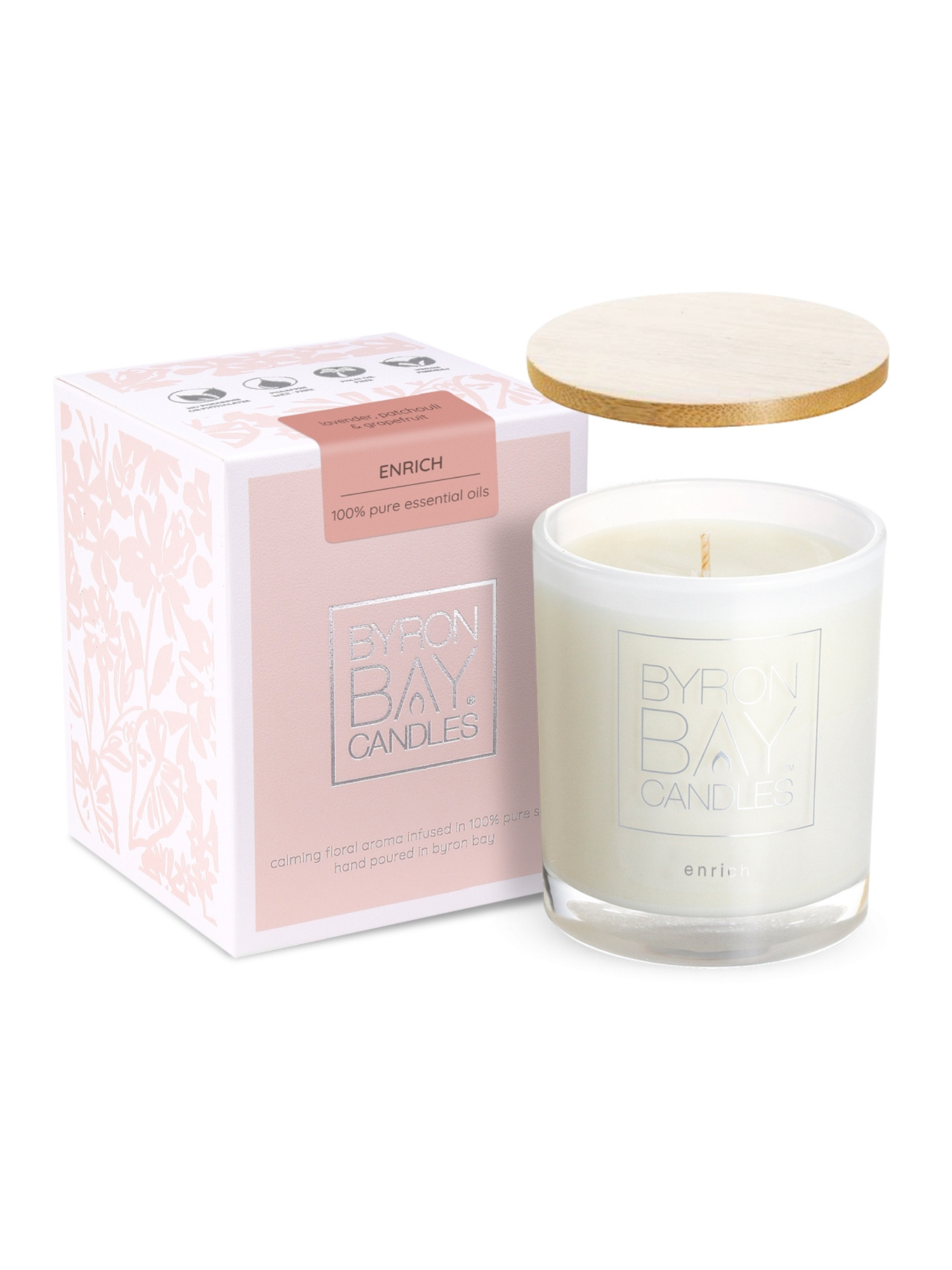 Byron Bay enrich candle with packaging on a white background