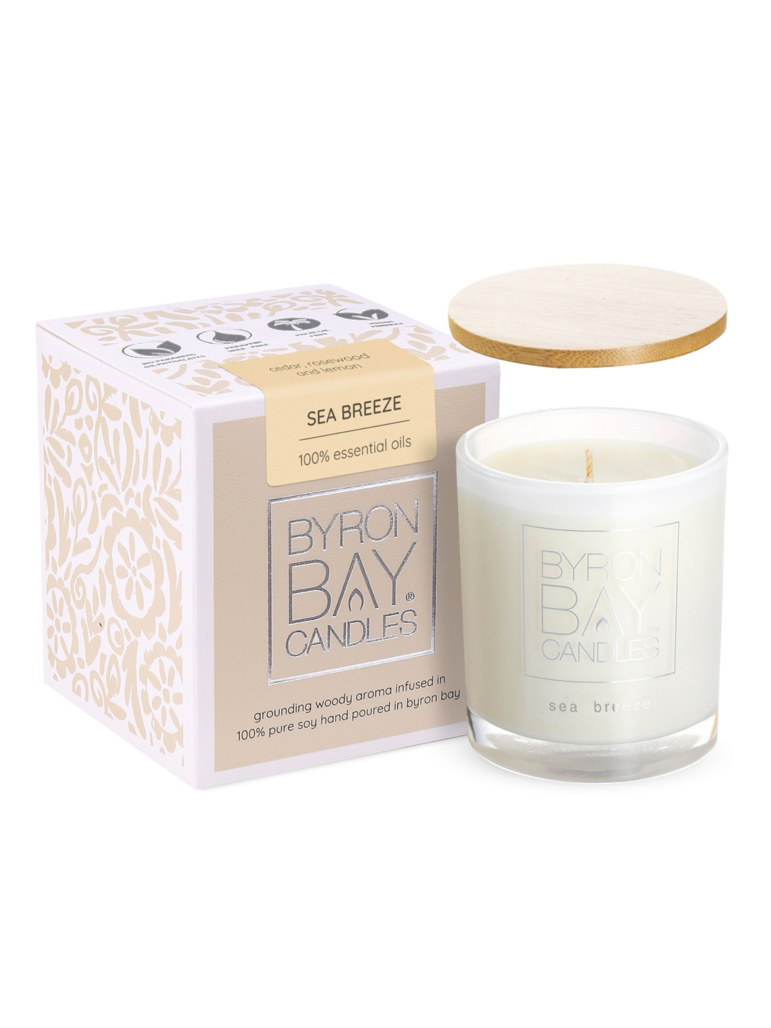 Byron Bay Candles essential oil sea breeze candle with packaging on a white background