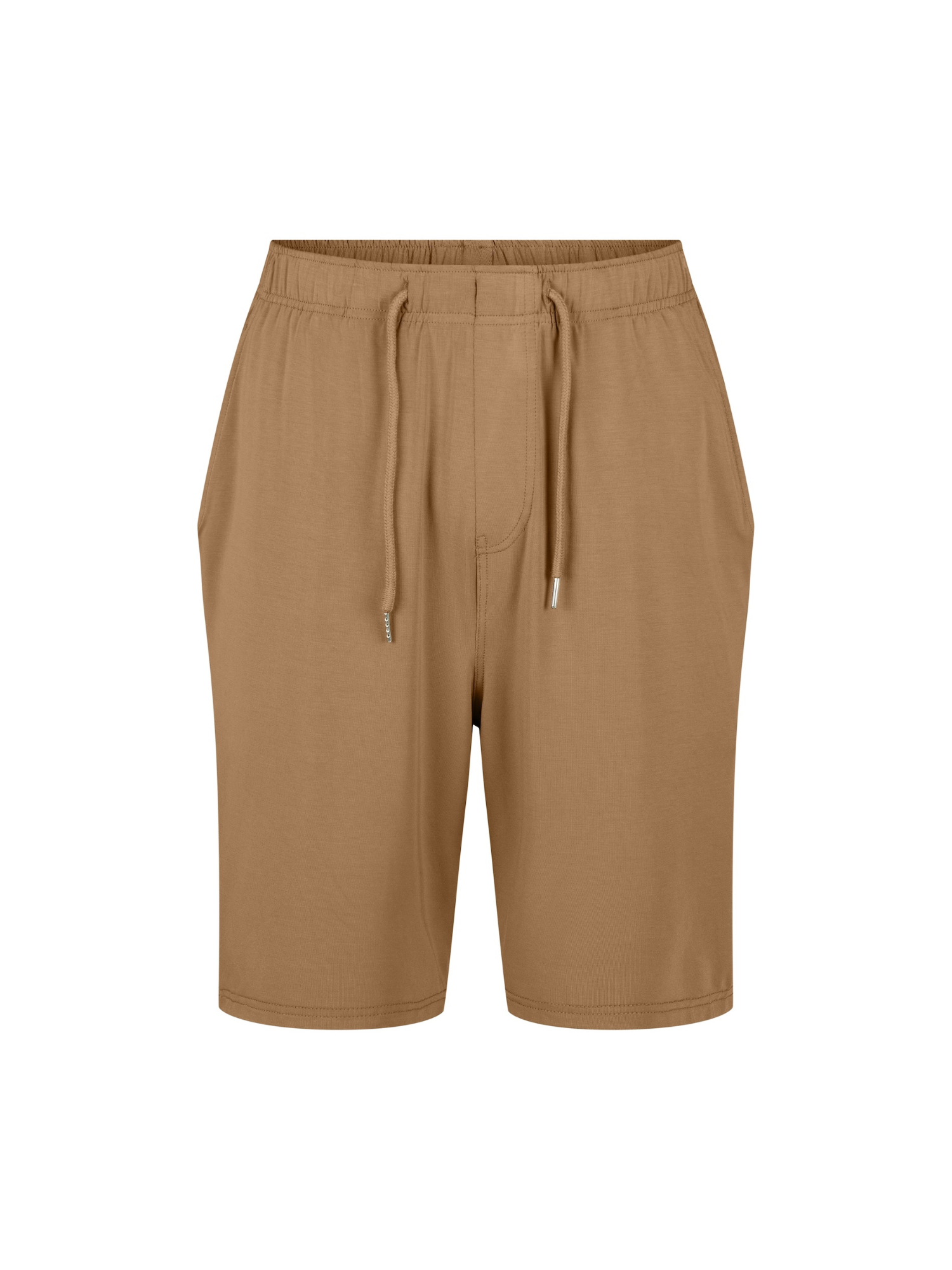 Brown shorts with a drawstring on a white background