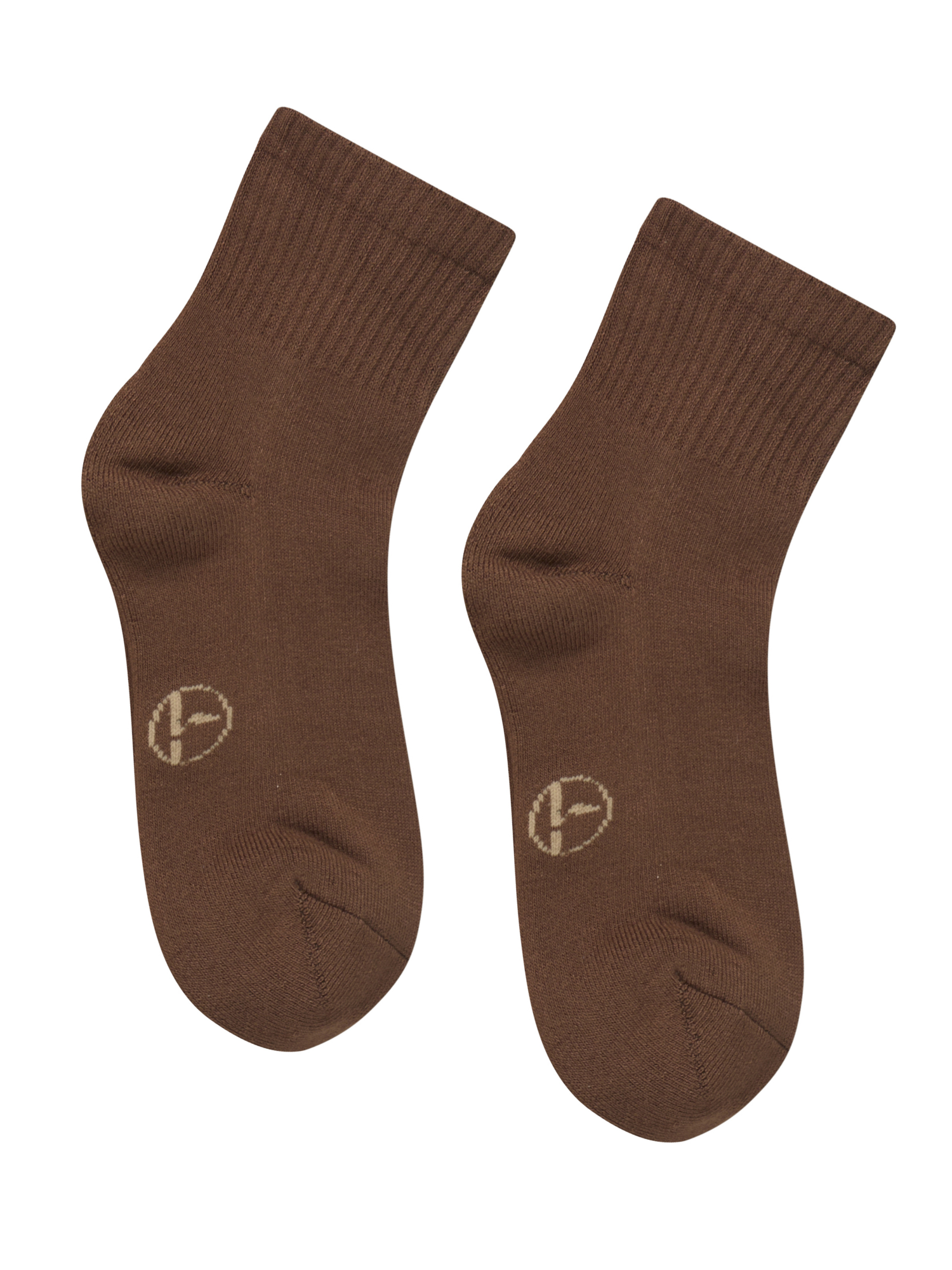 Pair of brown bamboo socks with a logo on a white background