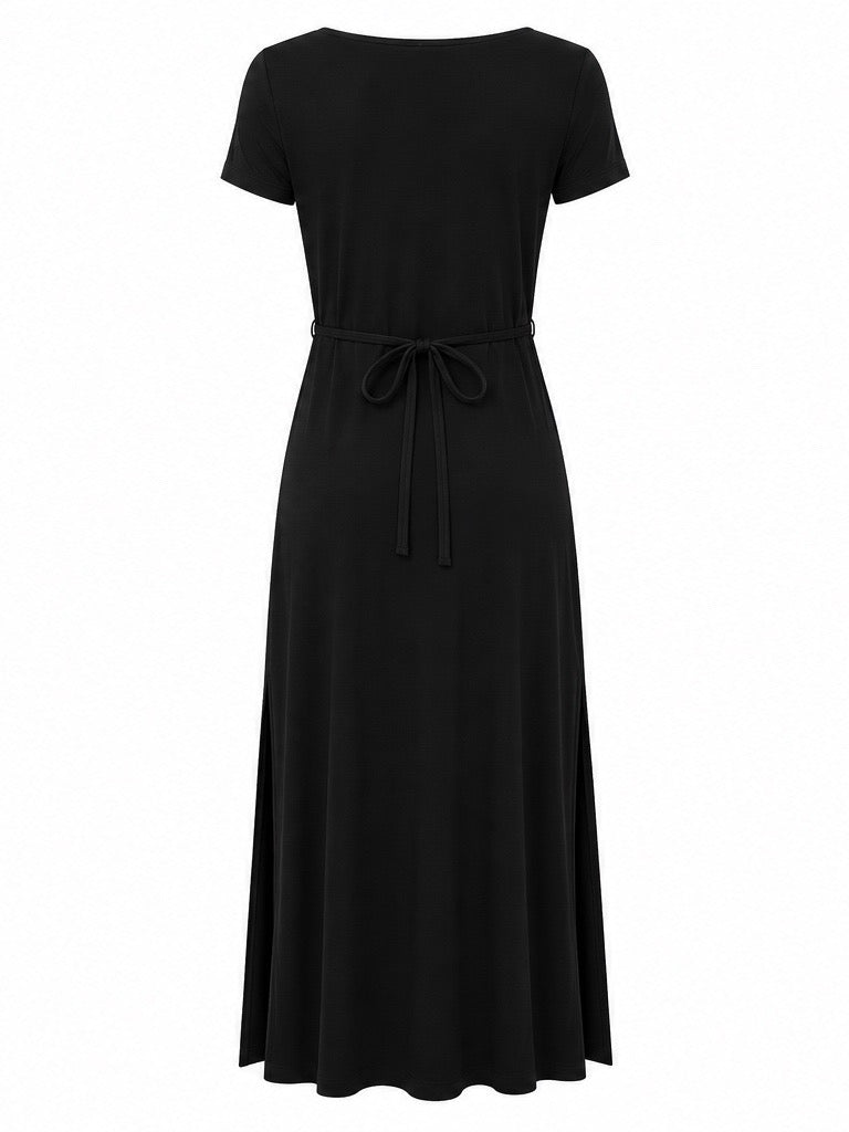 Bamboo Short Slv Scoop Neck Maxi Dress - Black