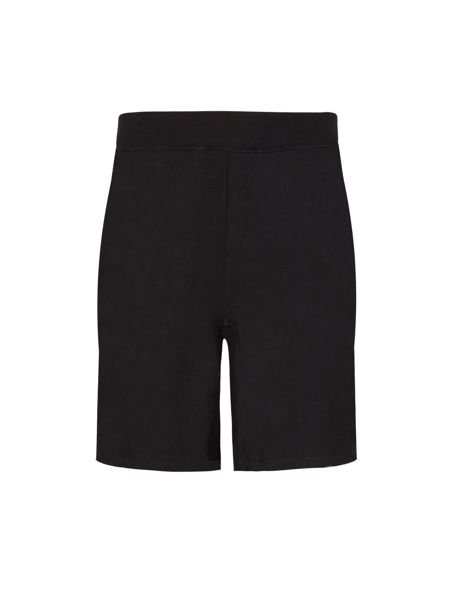 Black casual shorts, above knee length with fly front detailing, pockets and elasticised waistband, men's bamboo clothing