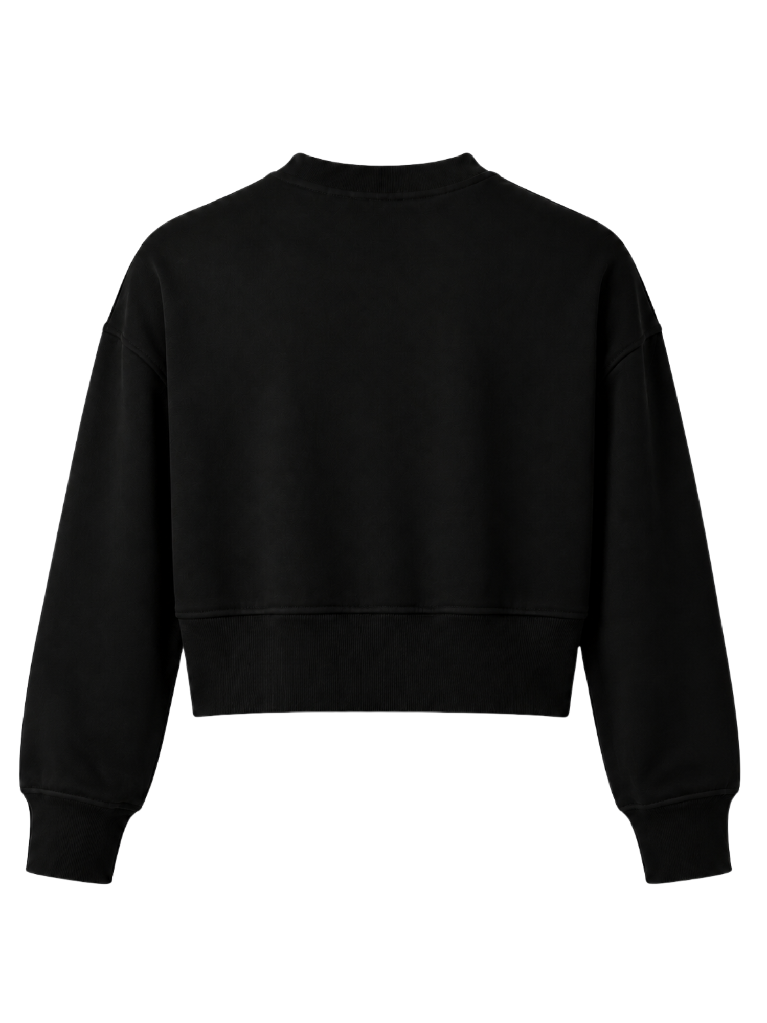A black cropped crewneck sweatshirt with long sleeves and ribbed cuffs, shown from the back on a plain white background.