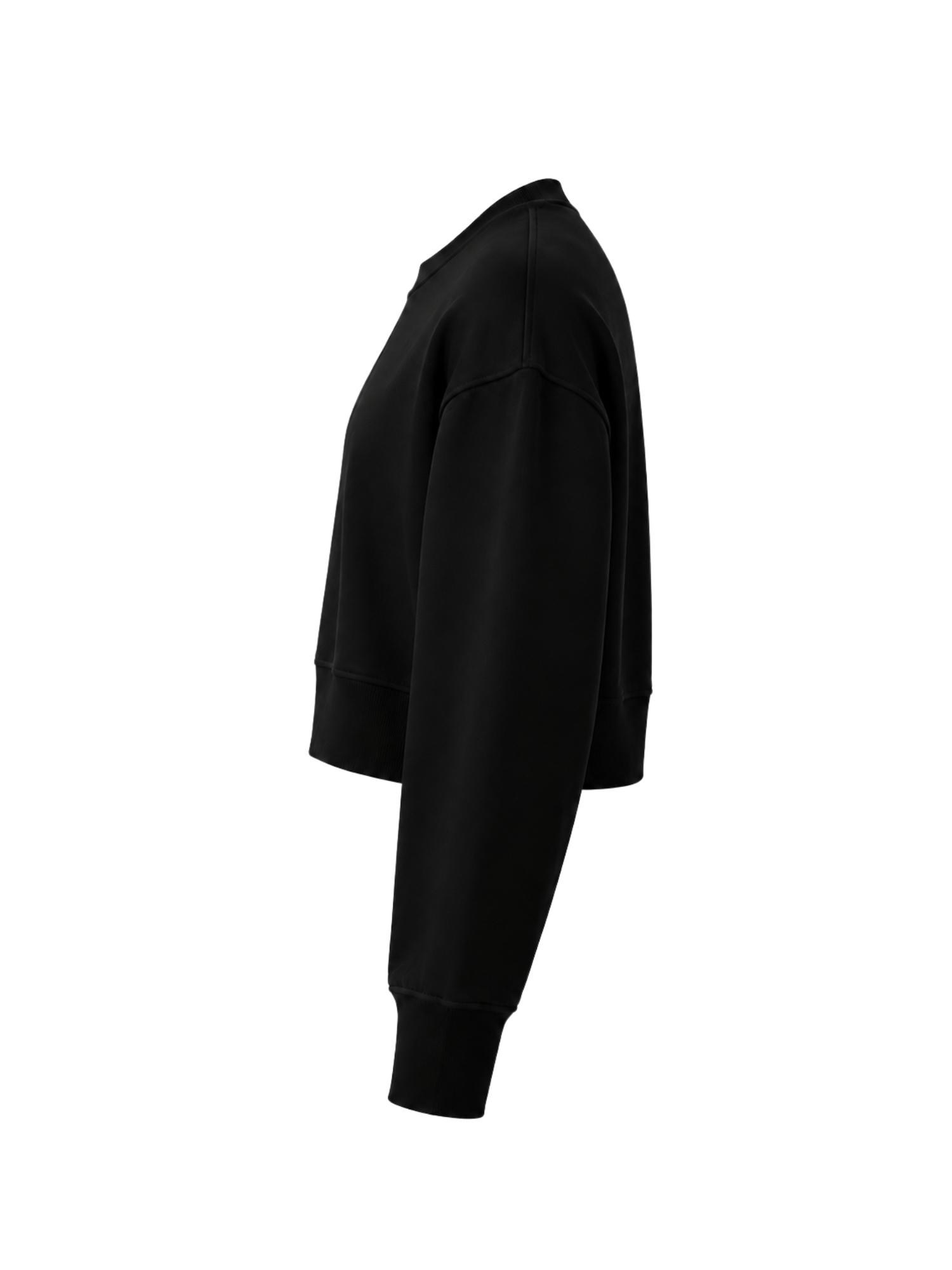 A black cropped crewneck sweatshirt shown from a side profile view against a plain white background.