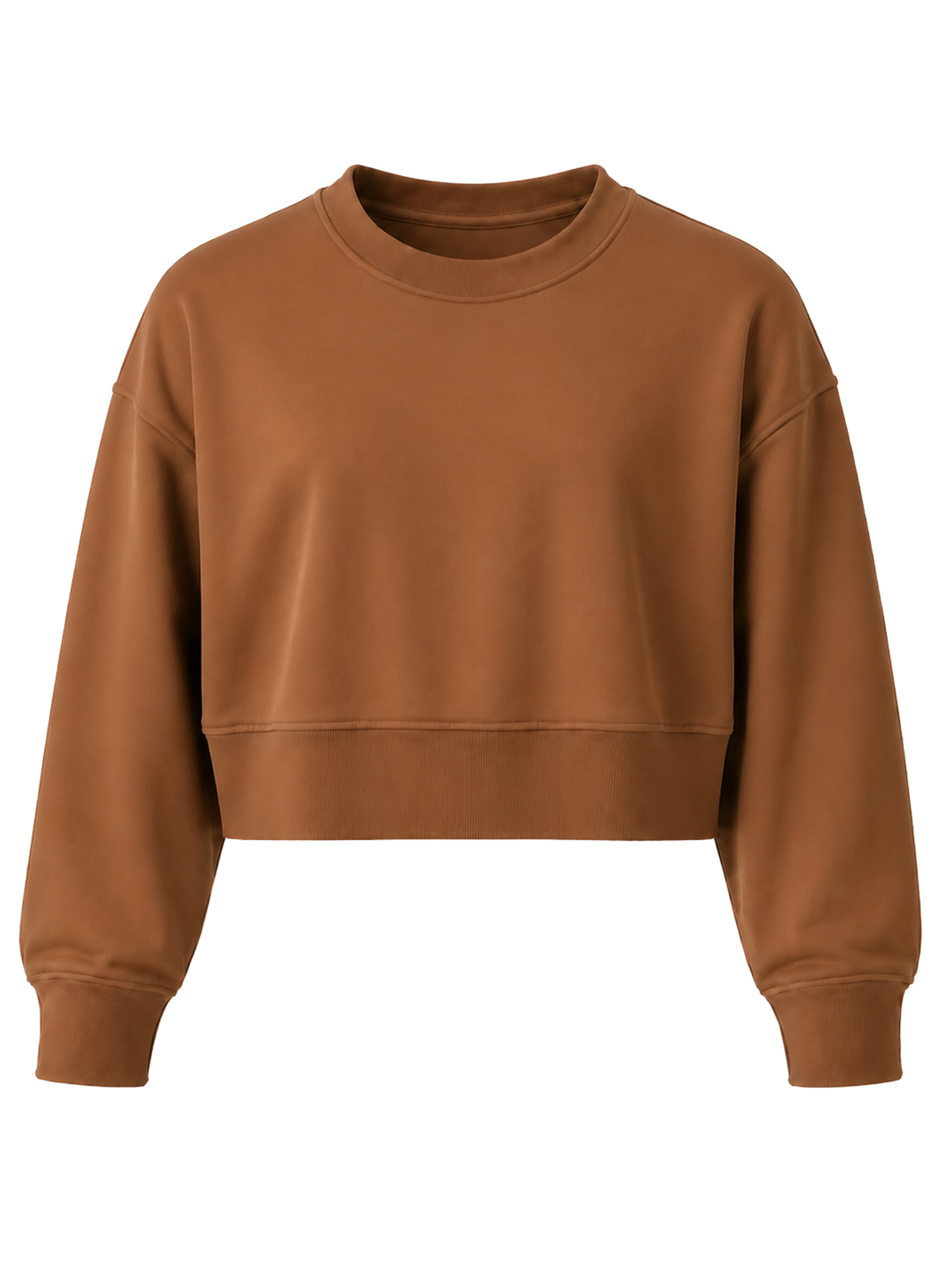 A cropped crewneck sweatshirt in a warm brown color, displayed against a solid white background.
