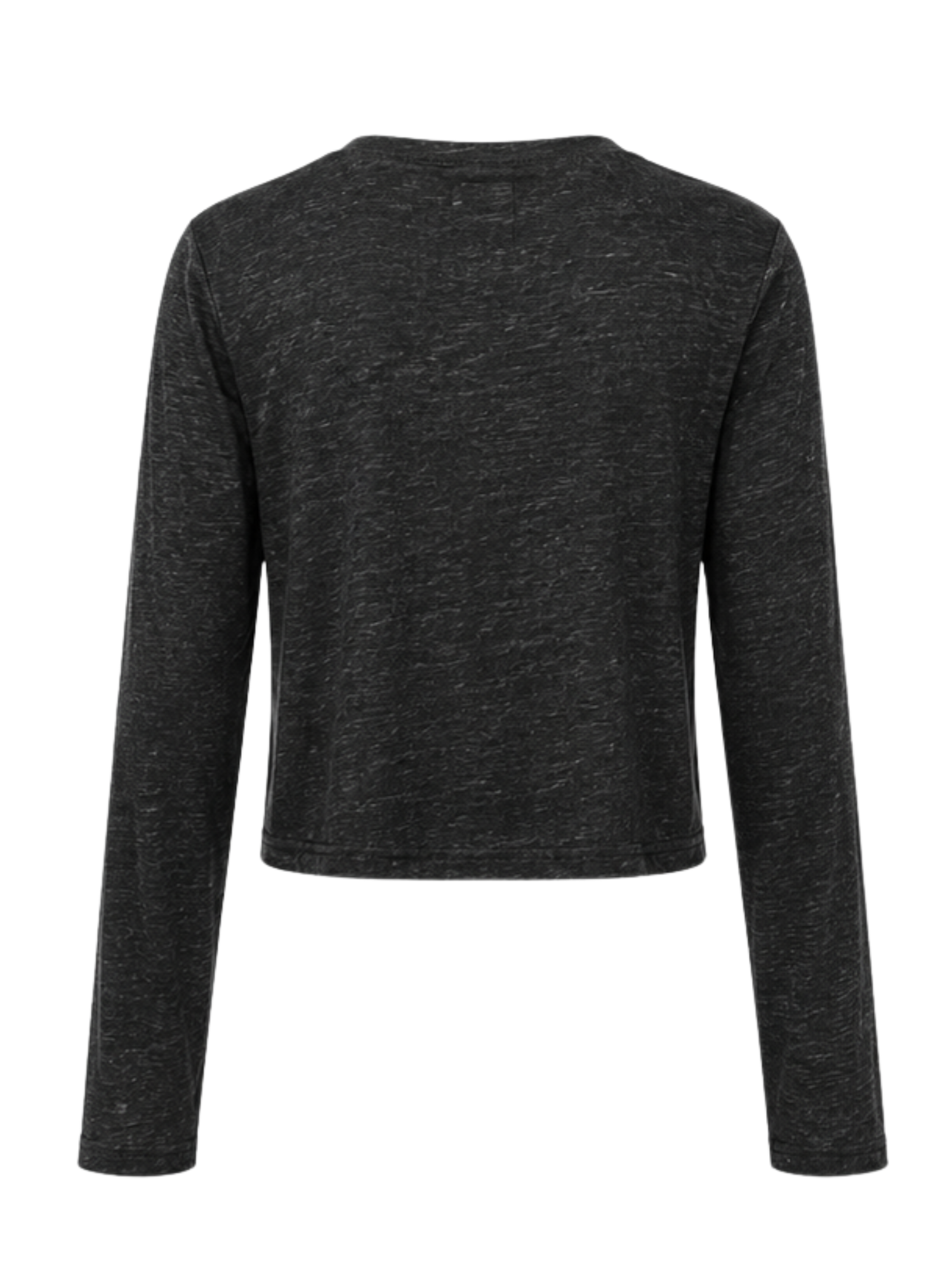 A dark charcoal black hemp bamboo long-sleeve crop top with a crew neck, displayed on a clean white background.