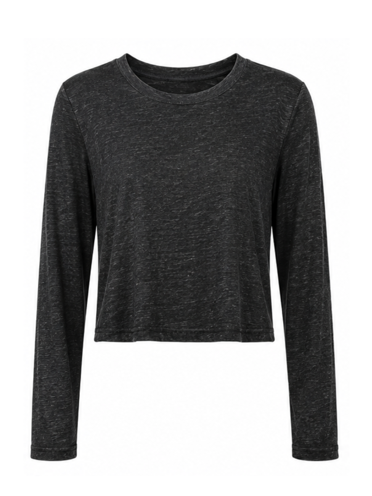 A dark charcoal black hemp bamboo long-sleeve crop top with a crew neck, displayed on a clean white background.