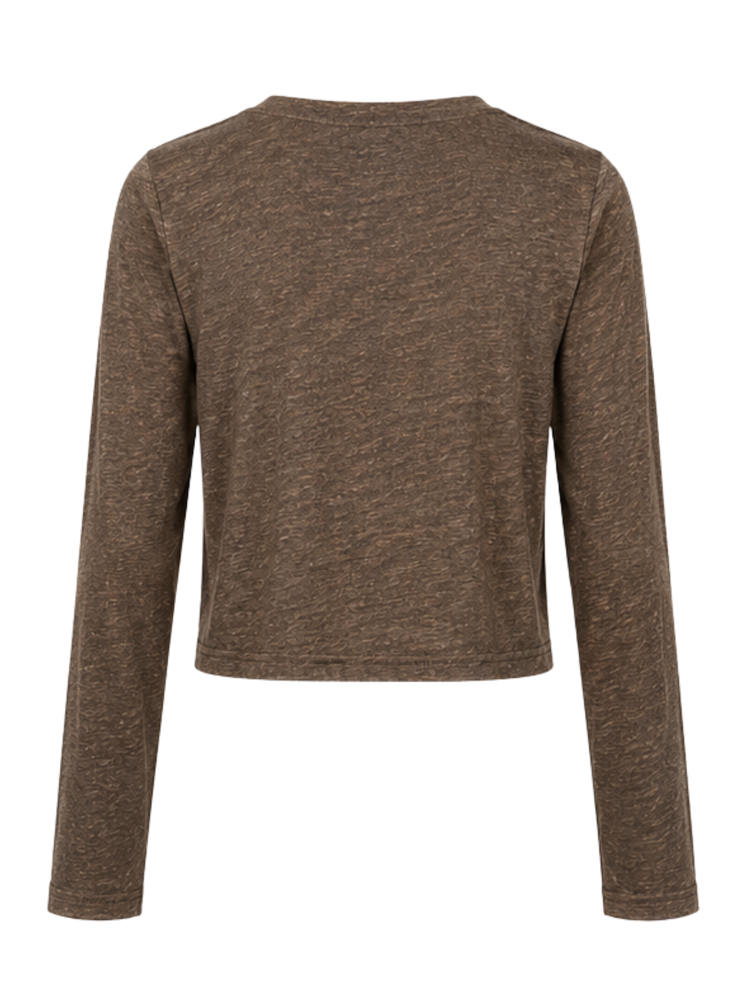 A brown long-sleeve cropped top with a heathered texture, shown from the back on a white background.