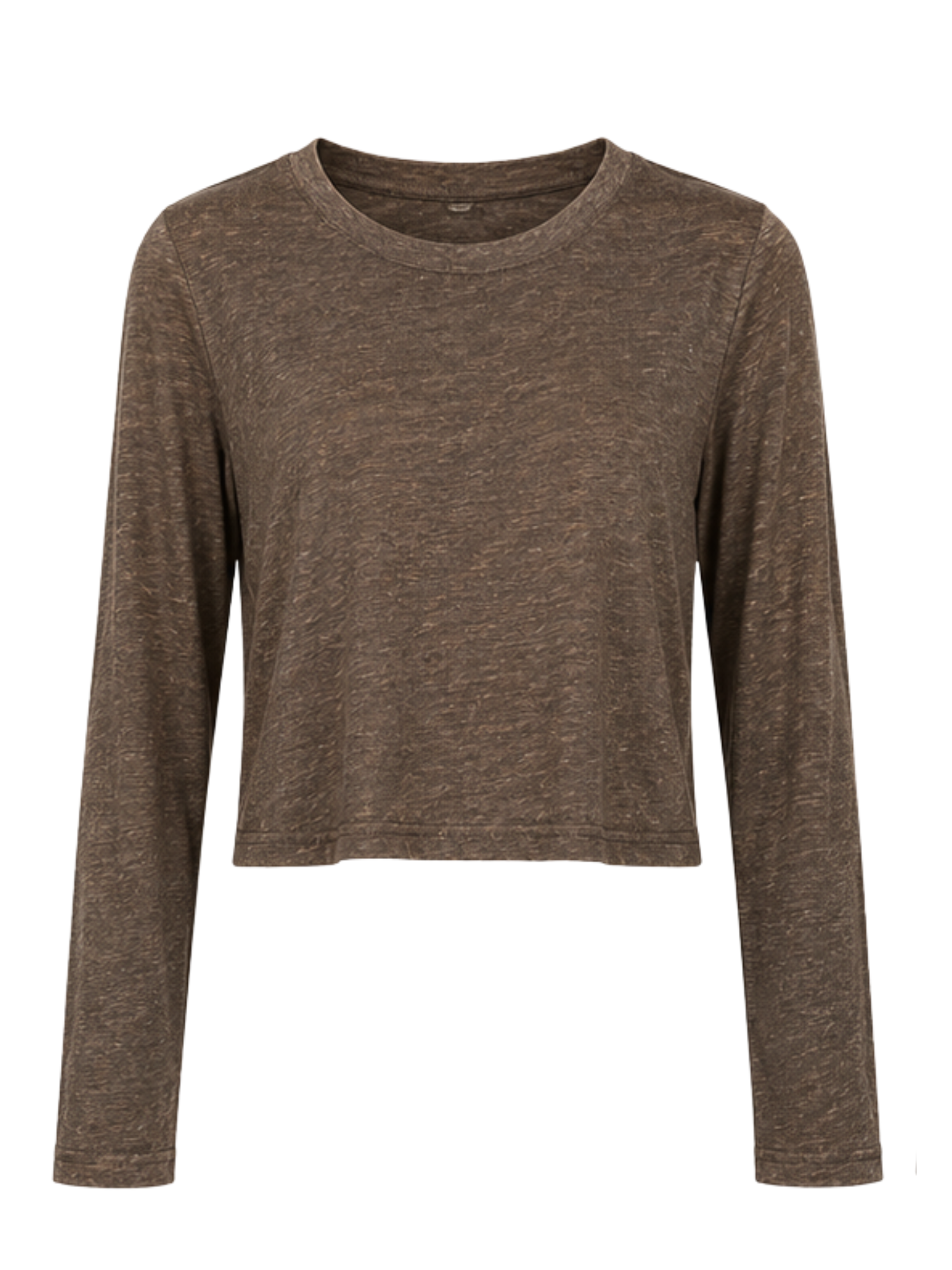A cocoa brown hemp bamboo long-sleeve crop top with a crew neck, displayed on a clean white background.