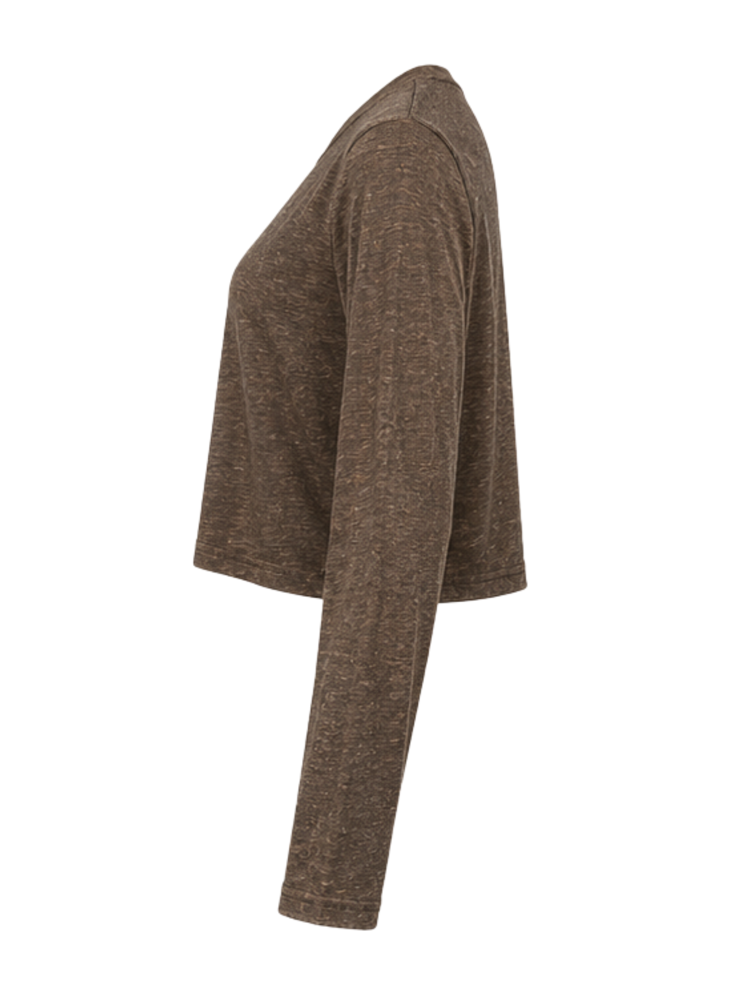A side-profile view of a women's long-sleeve knit top in a heathered brown color, shown against a plain white background.