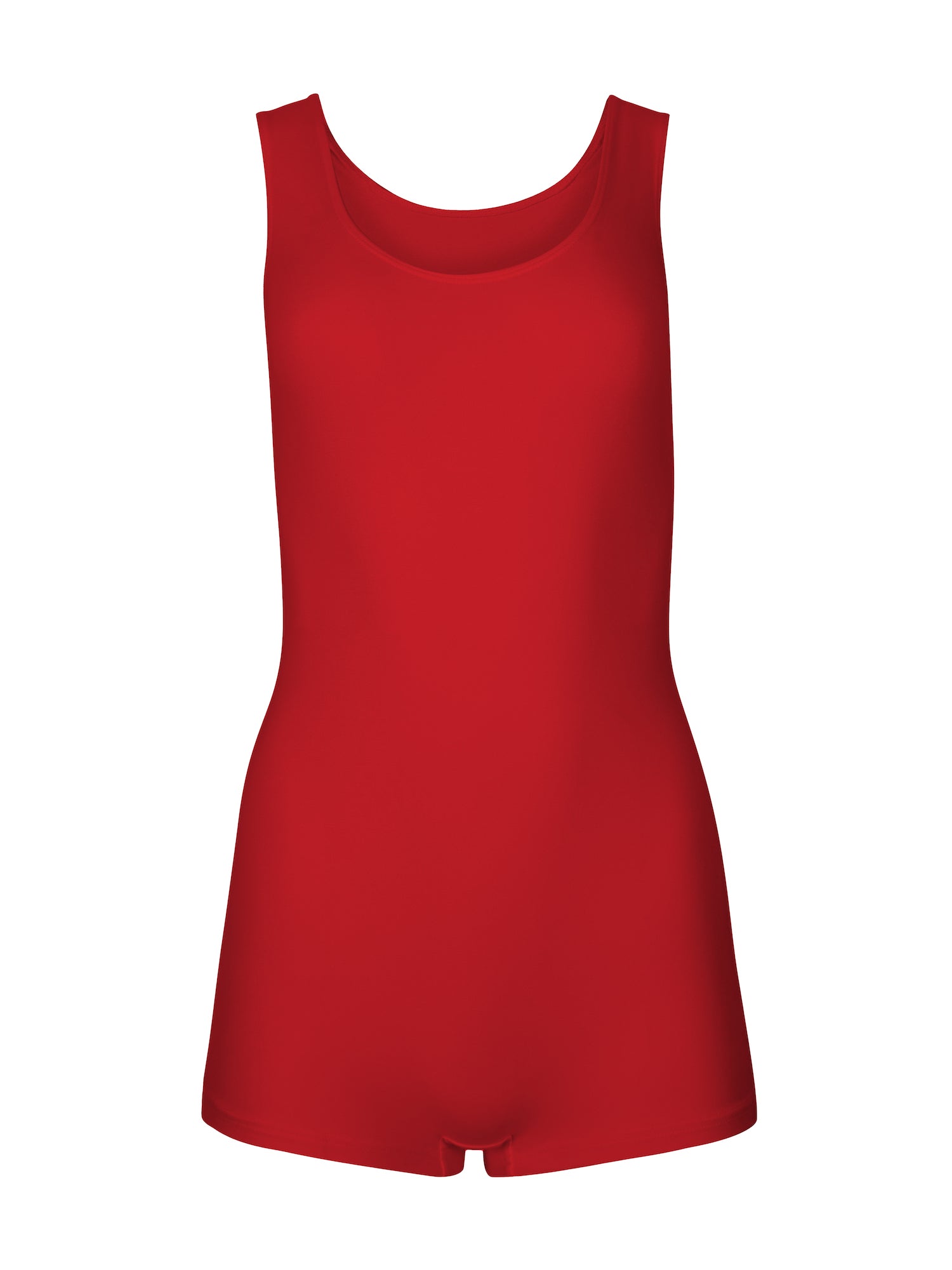 Model wearing a reversible chili red boyleg bodysuit with scoop and boat necklines, women's bamboo clothing
