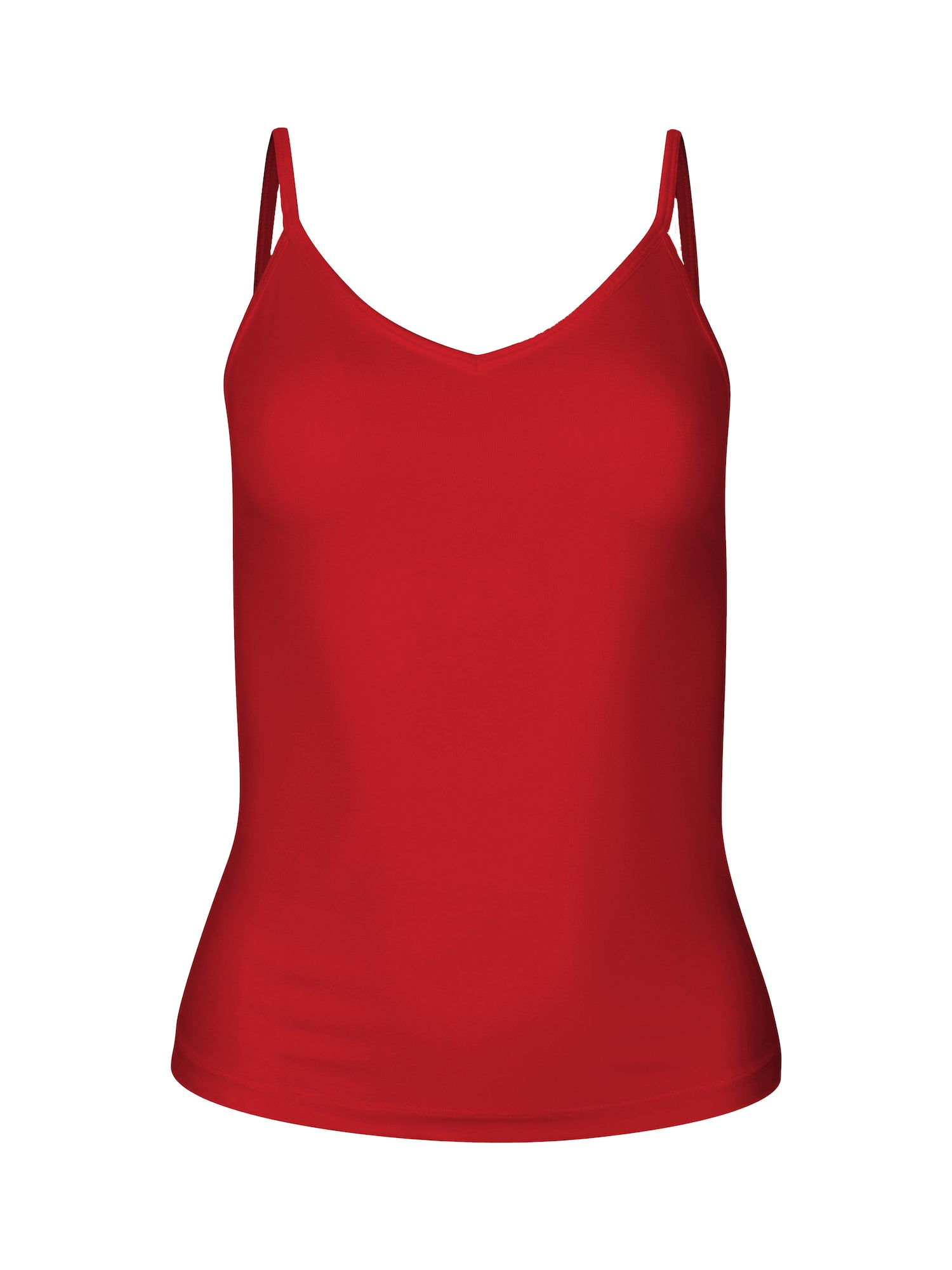 Model wearing a chili pepper red layering singlet with camisole straps, v neckline and fitted body, women's bamboo clothing