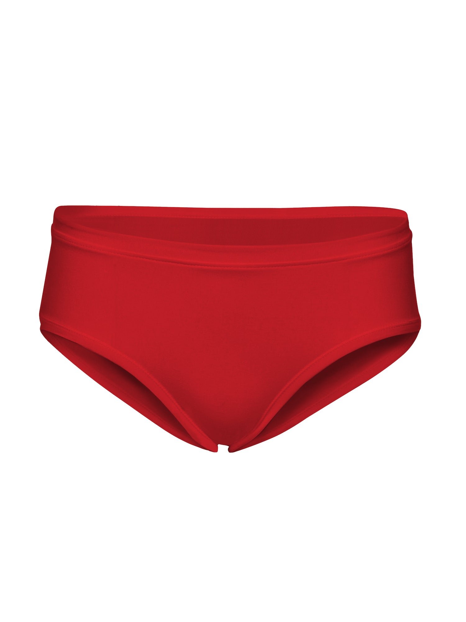 Model wearing achili pepper red full brief with mid waist and soft leg banding to lift and shape bottom, women's bamboo underwear
