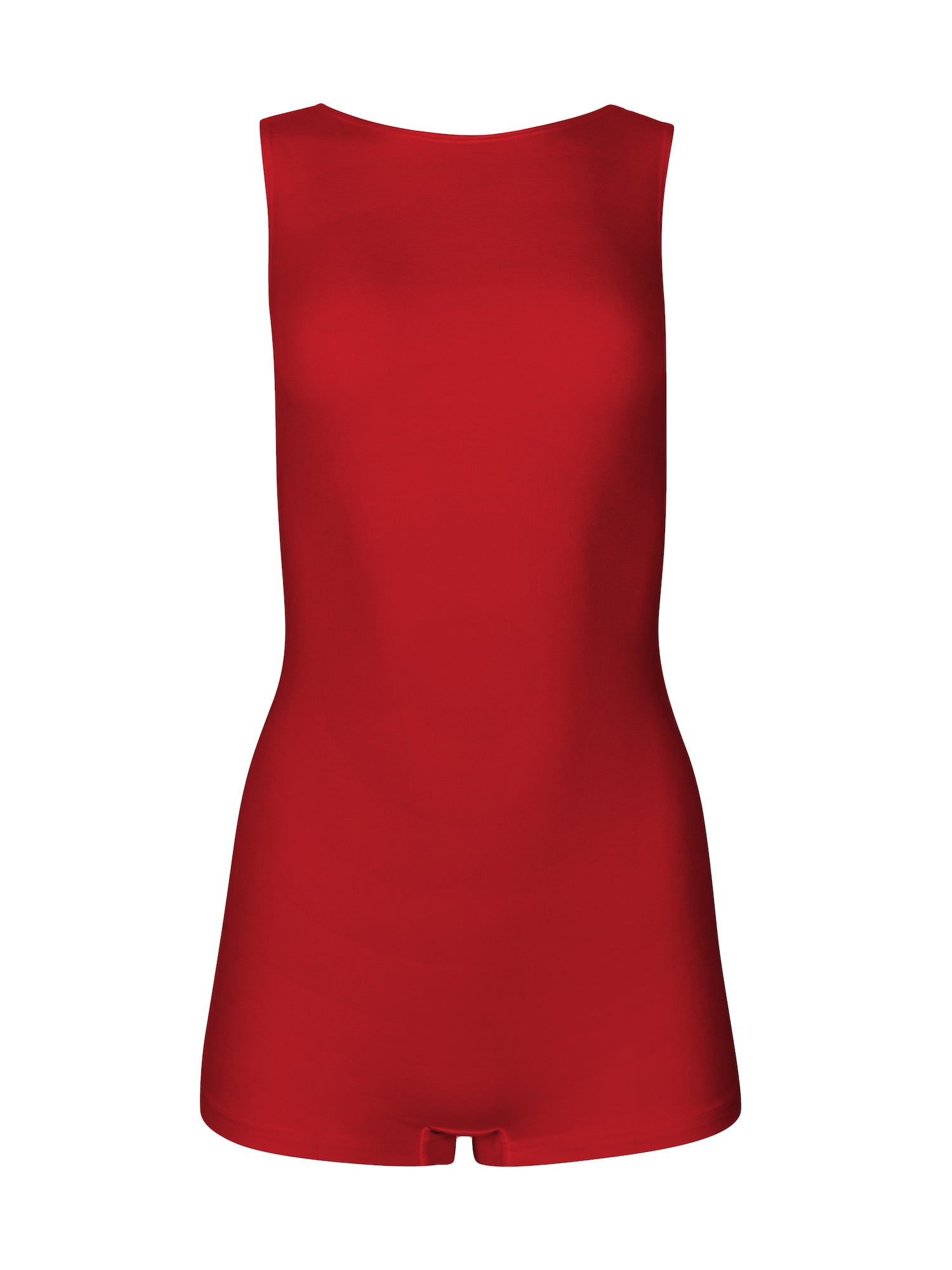 Model wearing a reversible chili red boyleg bodysuit with scoop and boat necklines, women's bamboo clothing