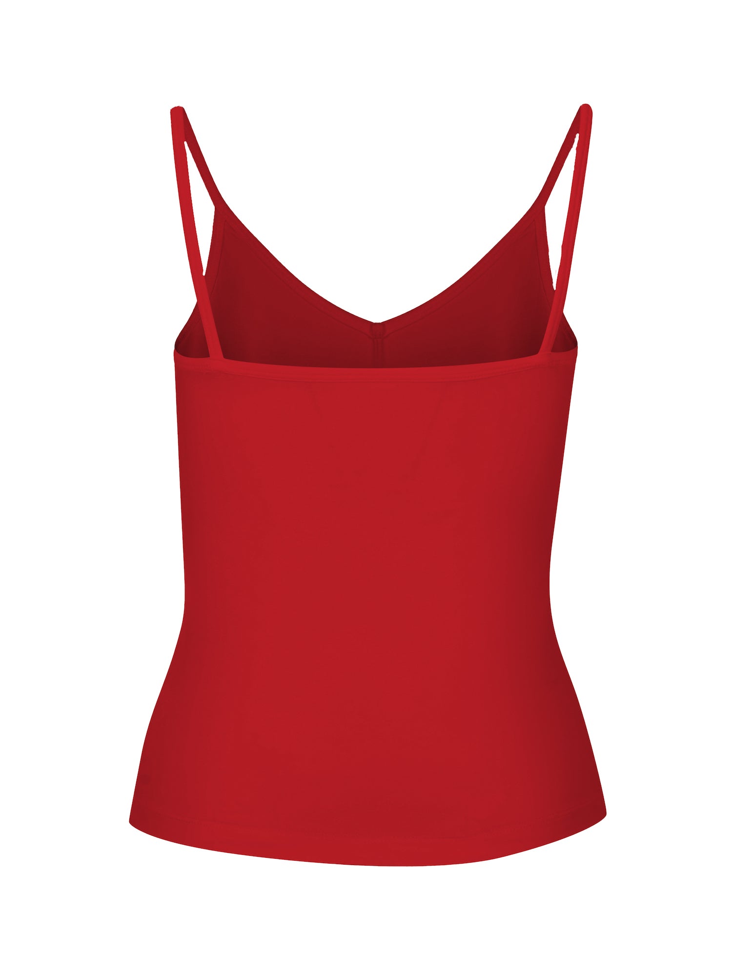 Model wearing a chili pepper red layering singlet with camisole straps, v neckline and fitted body, women's bamboo clothing