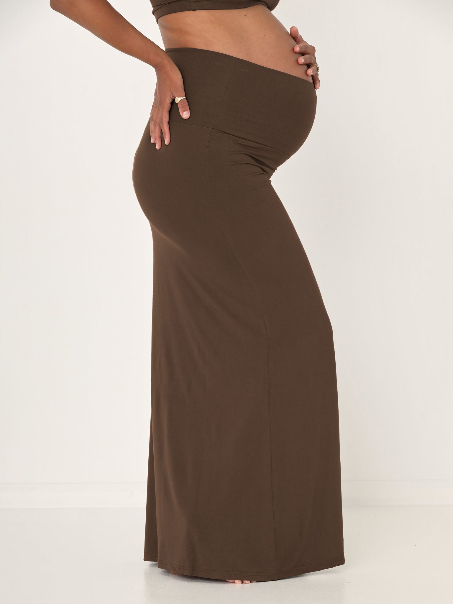 model wearing a long cocoa brown maxi length skirt, women's bamboo clothing