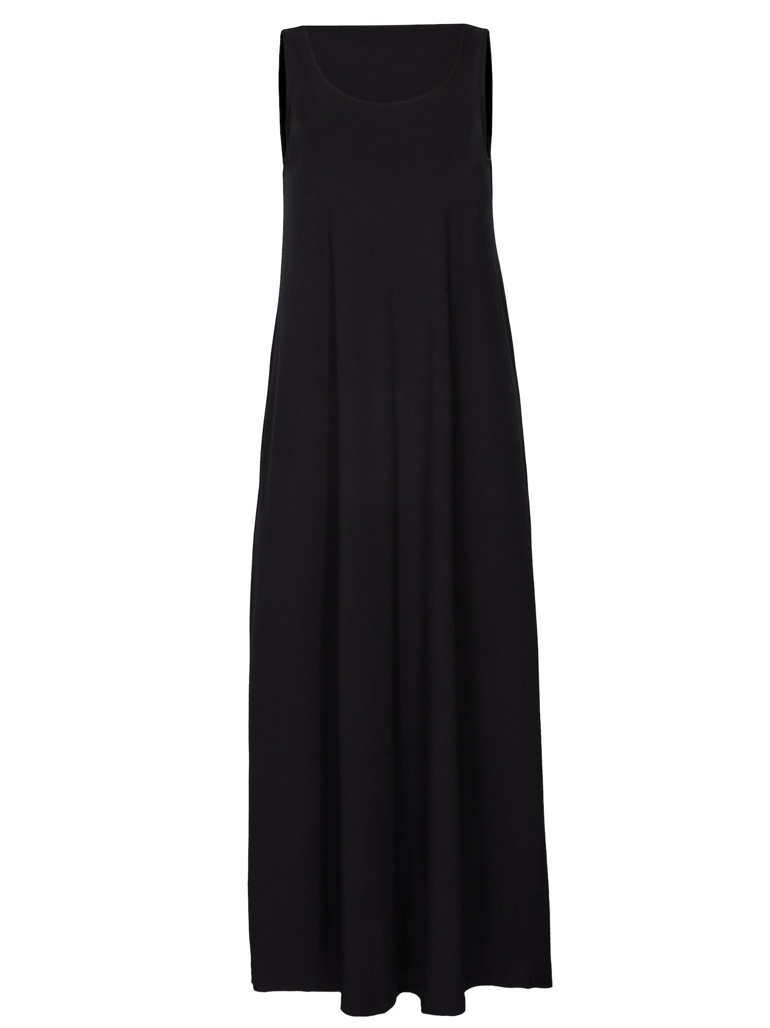Model wearing a reversible black maxi length dress with scoop and boat necklines, women's bamboo clothing