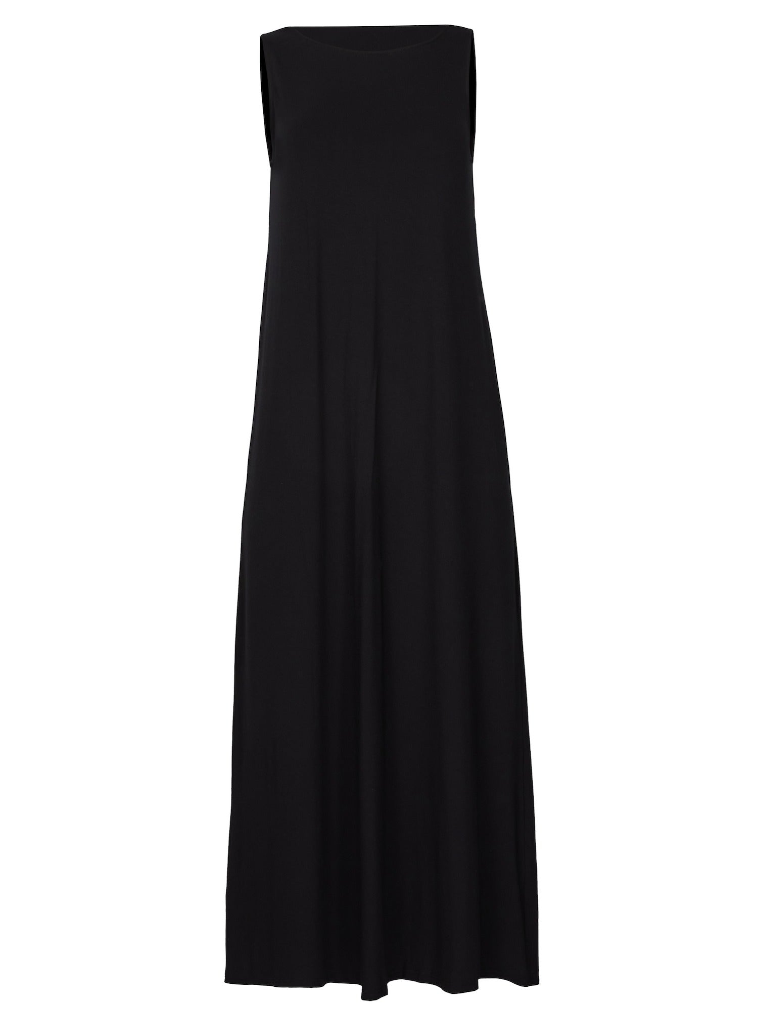 Model wearing a reversible black maxi length dress with scoop and boat necklines, women's bamboo clothing