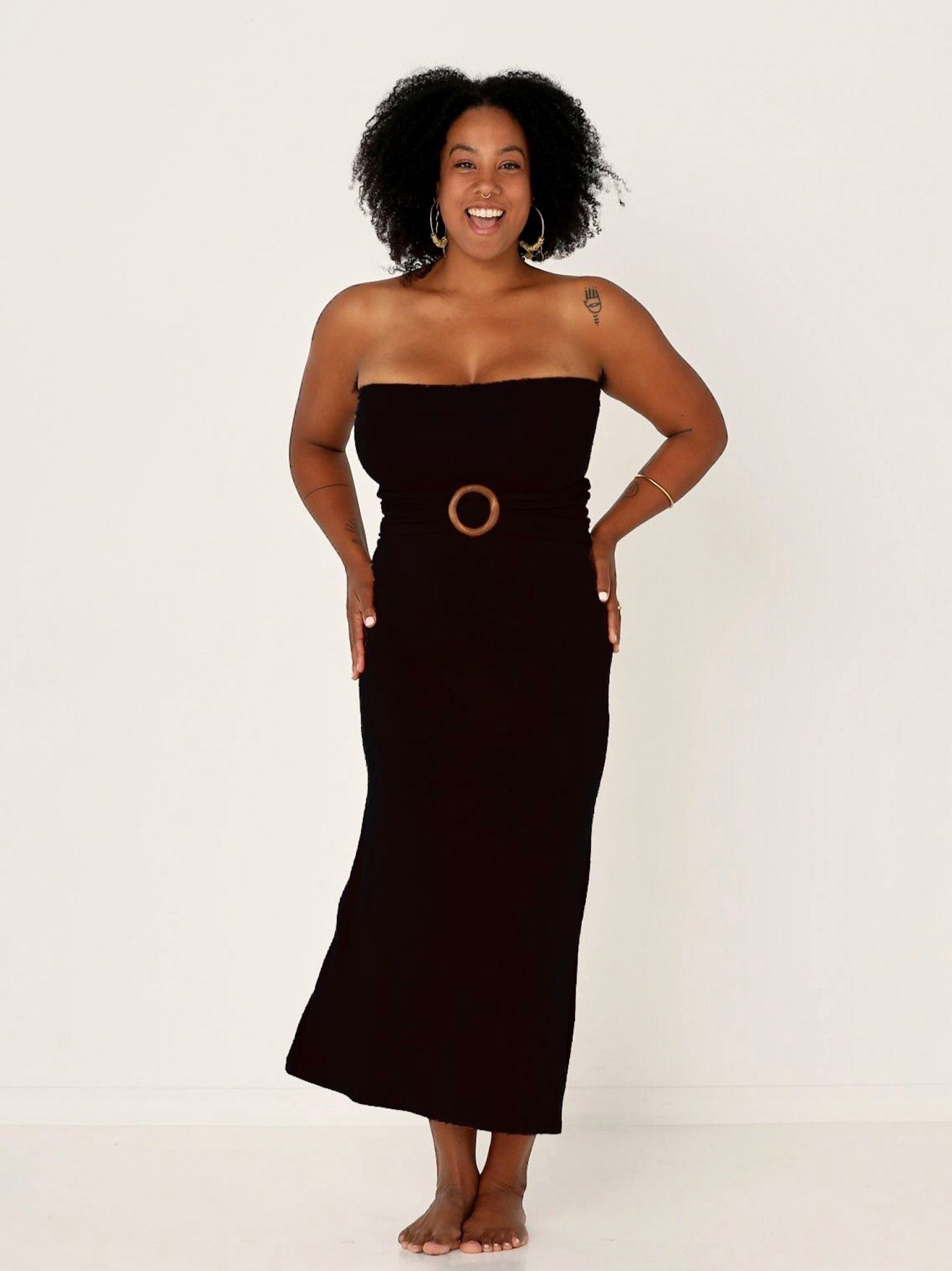 model wearing a long black maxi length skirt, women's bamboo clothing