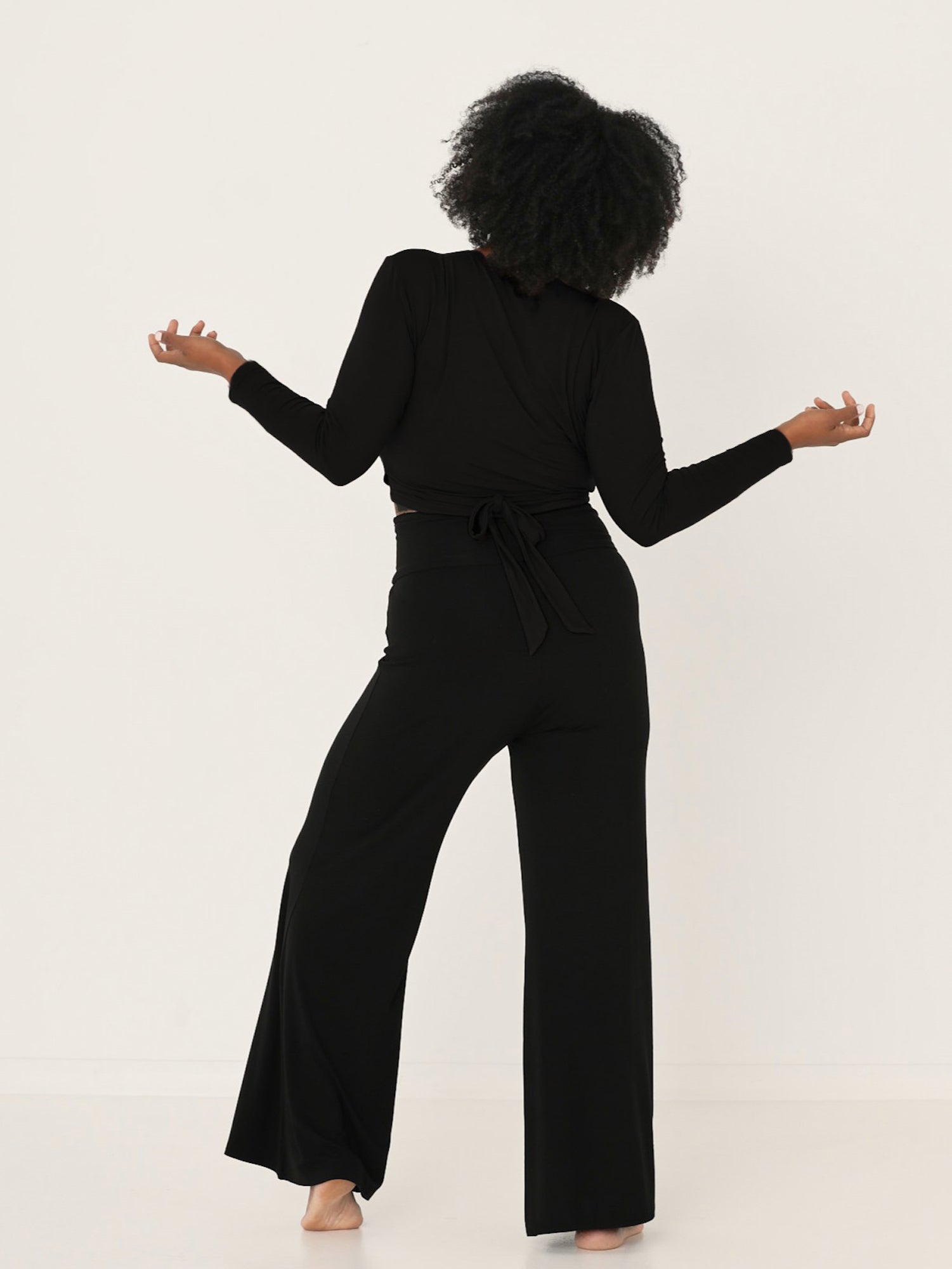 black long sleeve ballet wrap cardigan with cross over plunge neckline, women's bamboo clothing