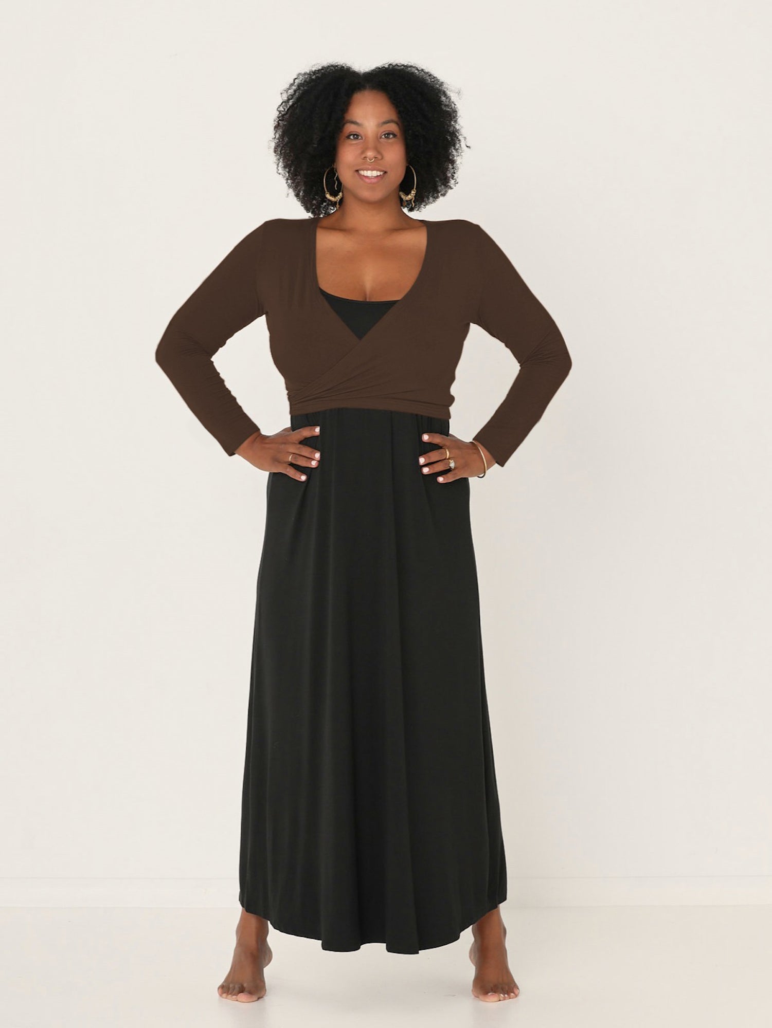 cocoa brown long sleeve ballet wrap cardigan with cross over plunge neckline, women's bamboo clothing