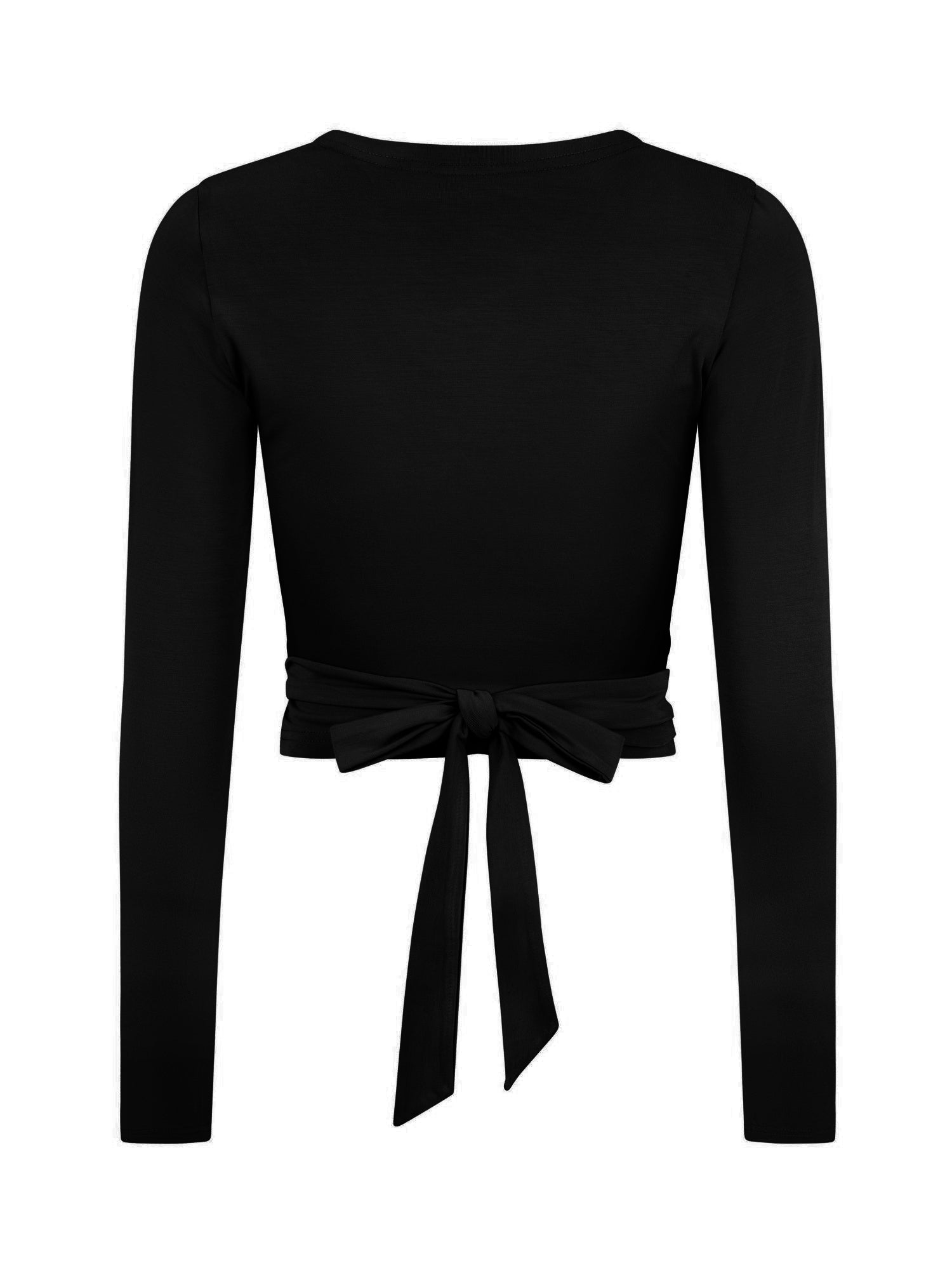 black long sleeve ballet wrap cardigan with cross over plunge neckline and tie detail, women's bamboo clothing