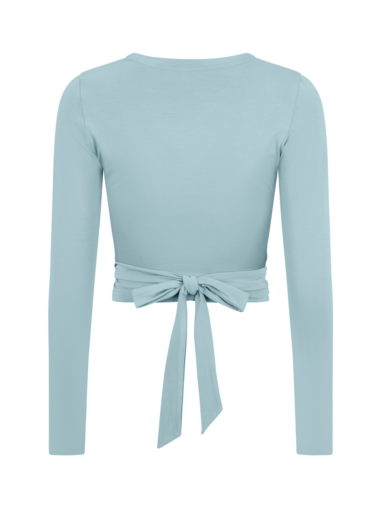 Bamboo light blue long-sleeve ballet wrap top with a tie detail on a white background
