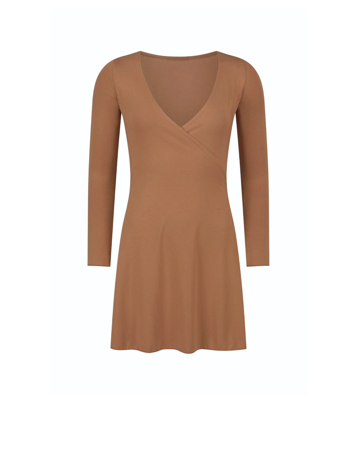 A long-sleeve V-neck mini dress in a warm camel brown color, shown against a plain white background.