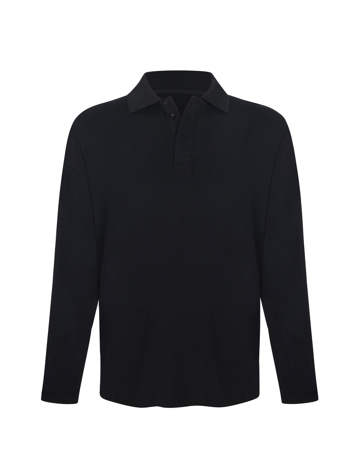 Black men's long sleeve polo shirt, generous fit, soft fibbed collar and 3 buttons, men's bamboo clothing