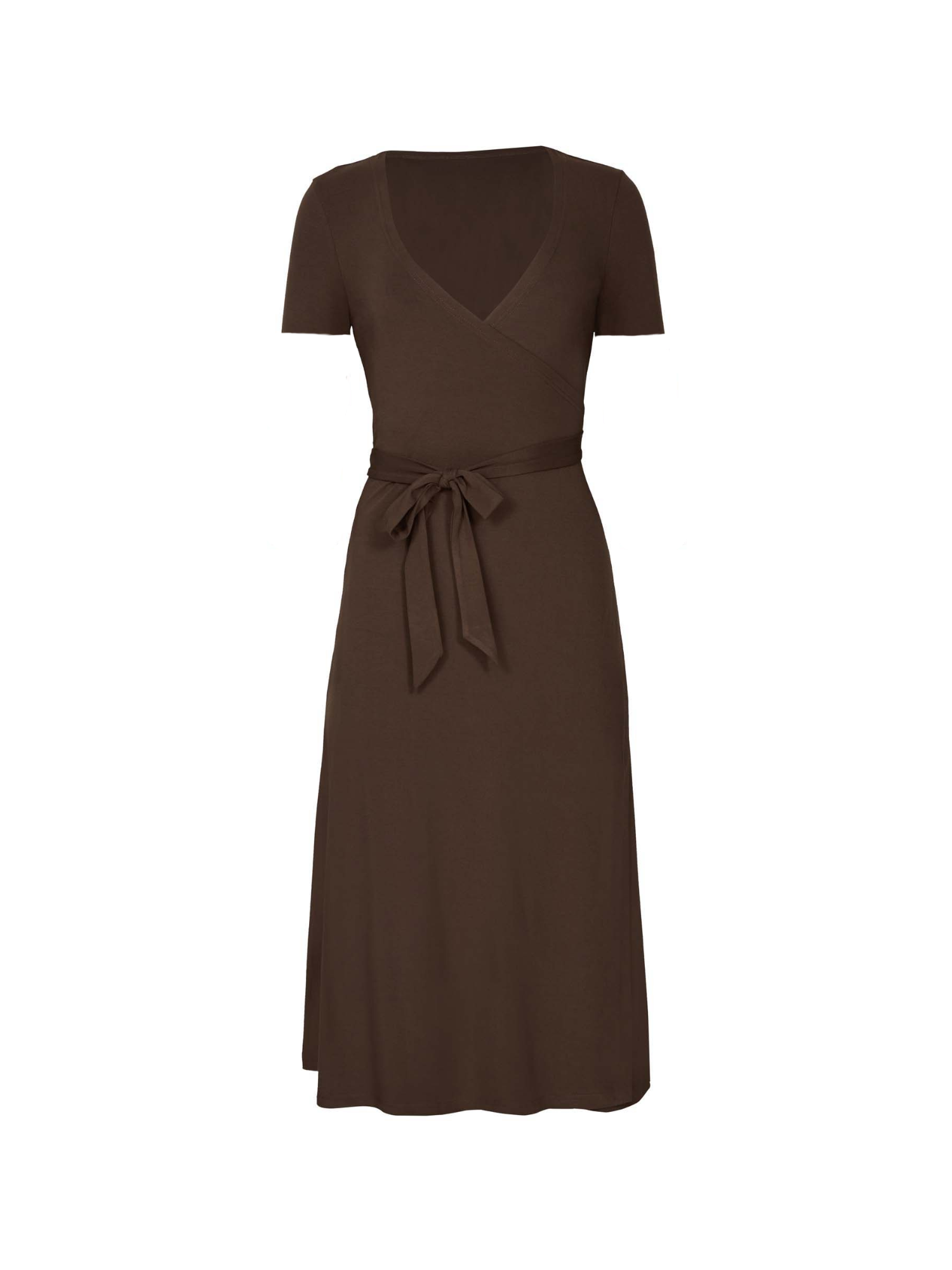 cocoa brown midi wrap dress with a cross over plunge neckline, short sleeve, mid thigh/knee length, women's bamboo clothing