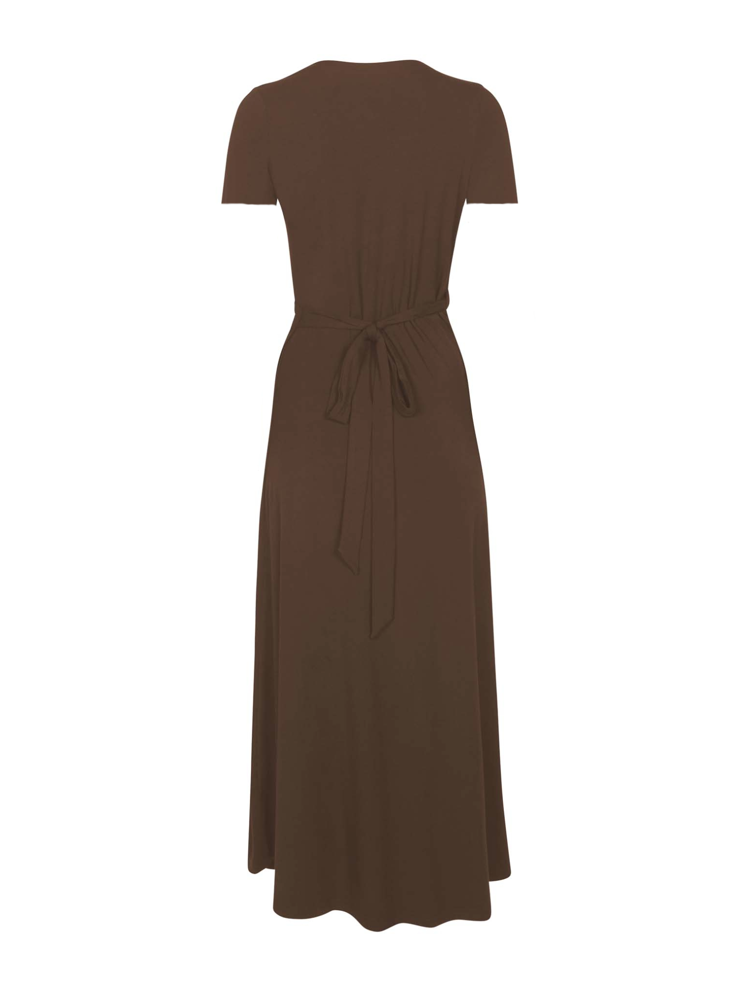 cocoa brown maxi wrap dress with a cross over plunge neckline, short fitted sleeve, mid calf length, women's bamboo clothing