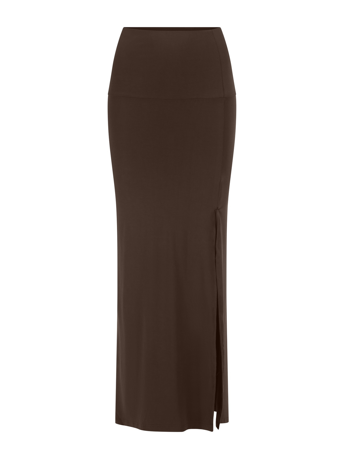 Bamboo cocoa brown pencil skirt with side split on a white background