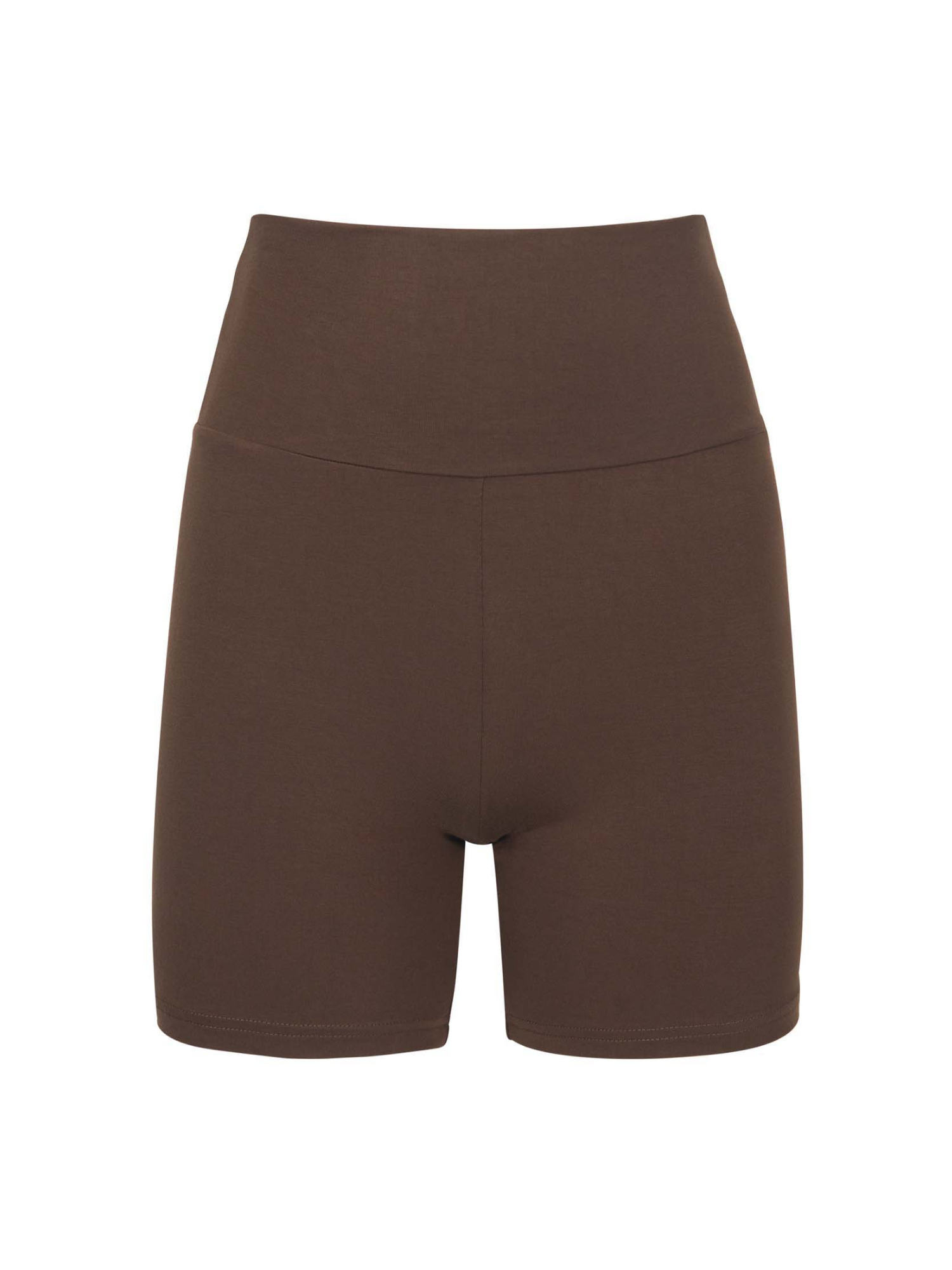 cocoa brown mid thigh length sporty shorts with adjustable high waistband, women's bamboo clothing