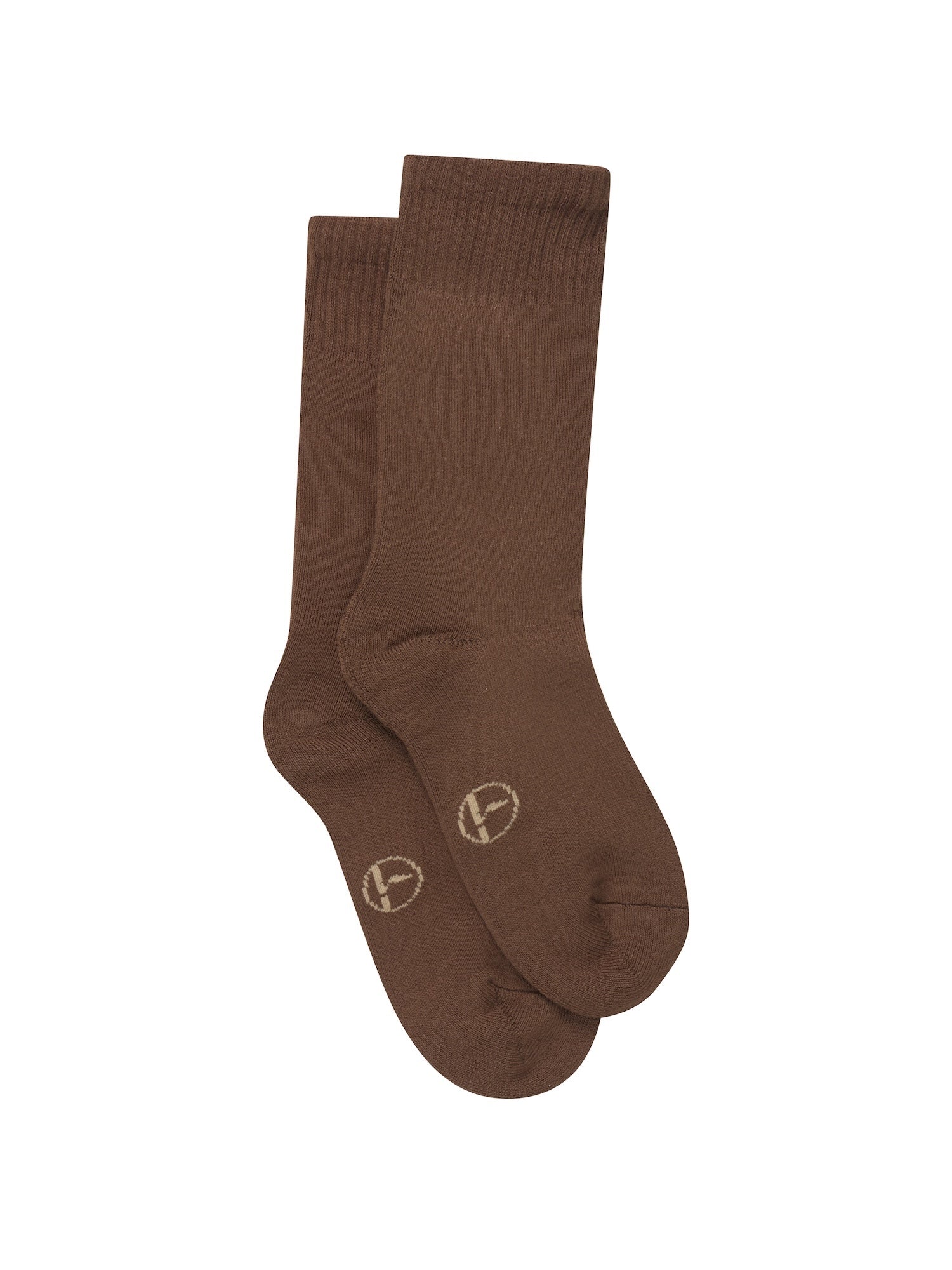 Pair of brown bamboo socks with logo on a white background