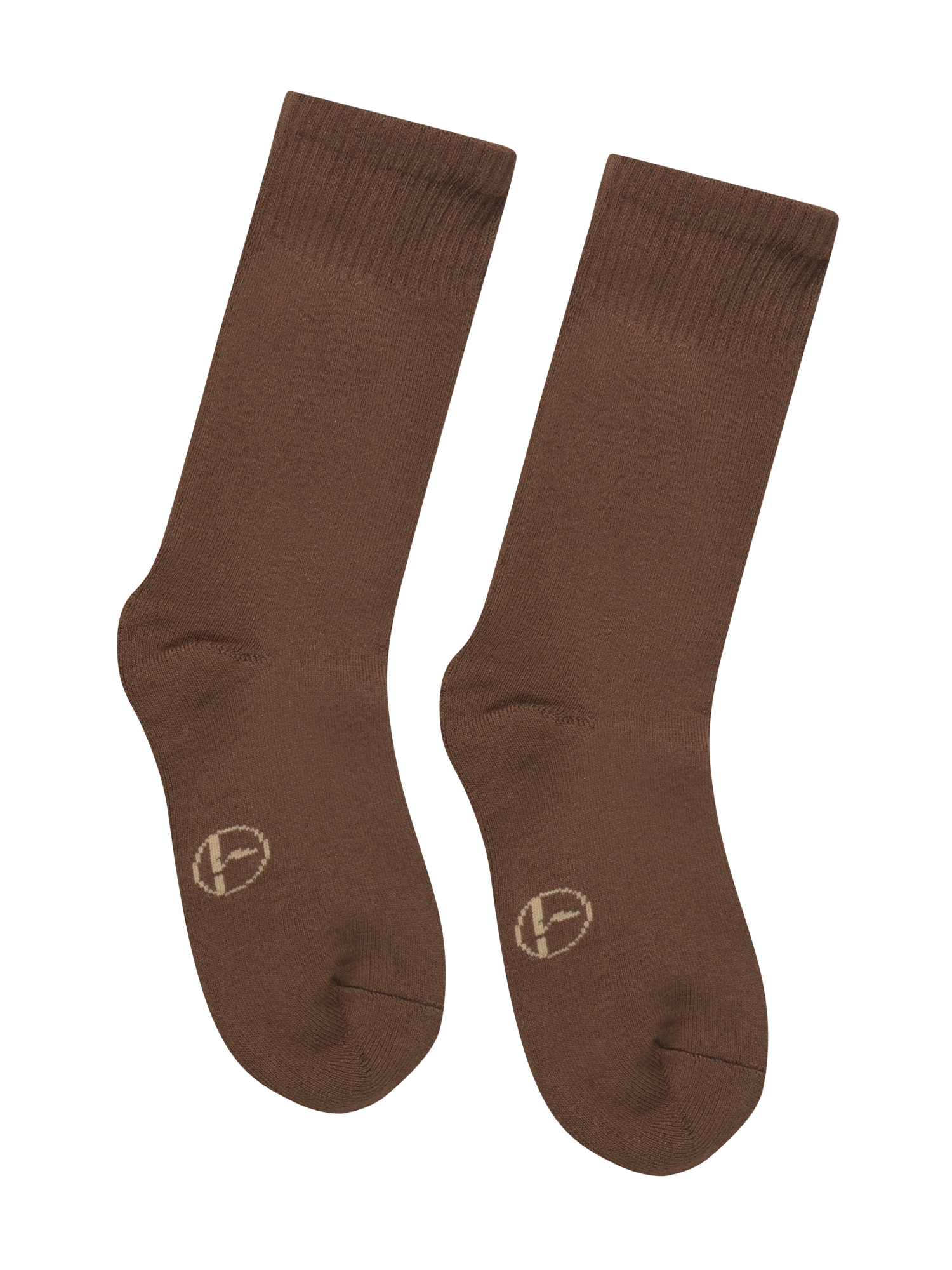 Pair of brown bamboo socks with a logo on a white background