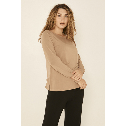 Bamboo Boat Neck Long Sleeve Tee - Caramel