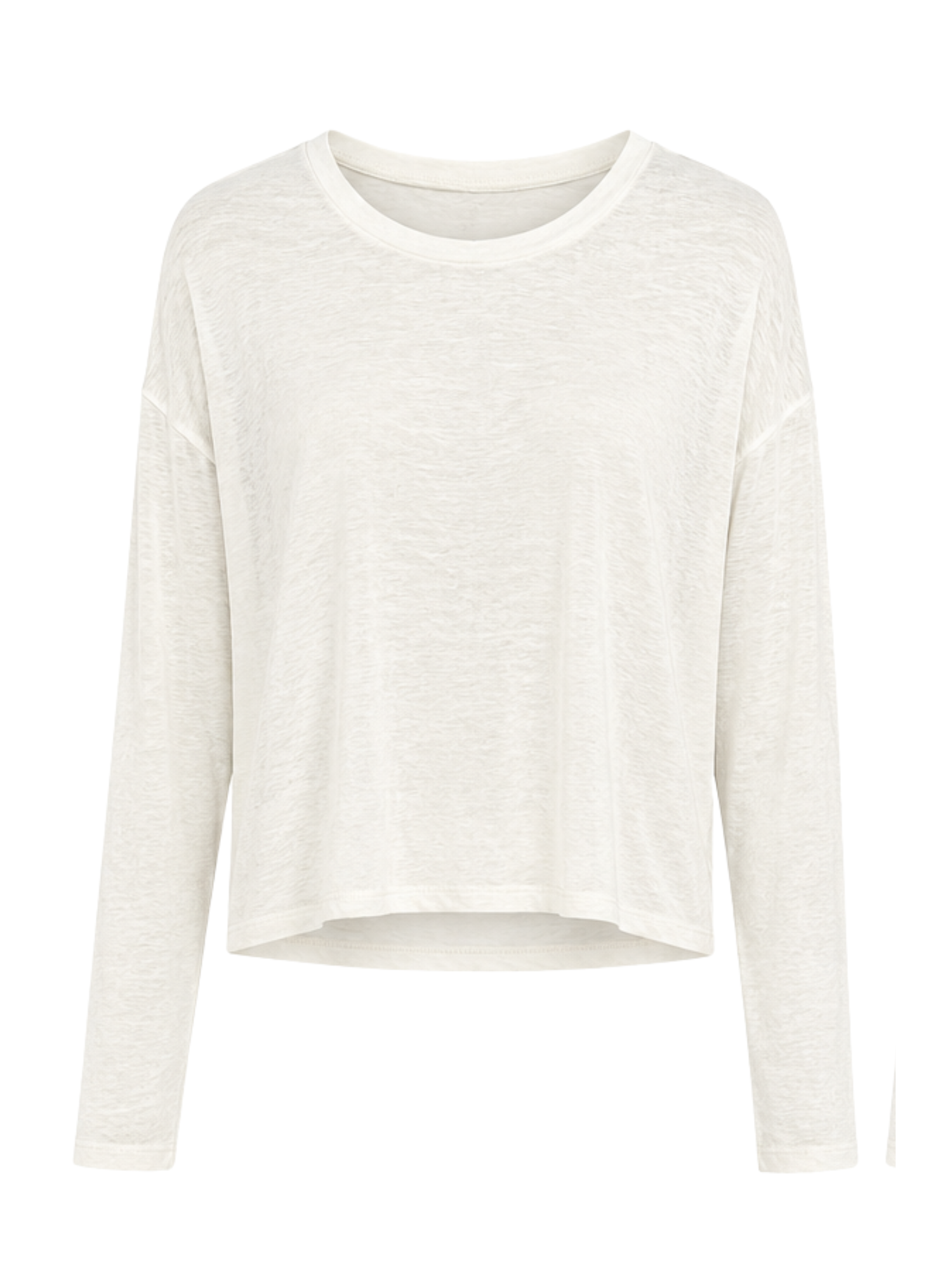 A long-sleeve cropped knit top in a warm off-white color, displayed against a solid white background.