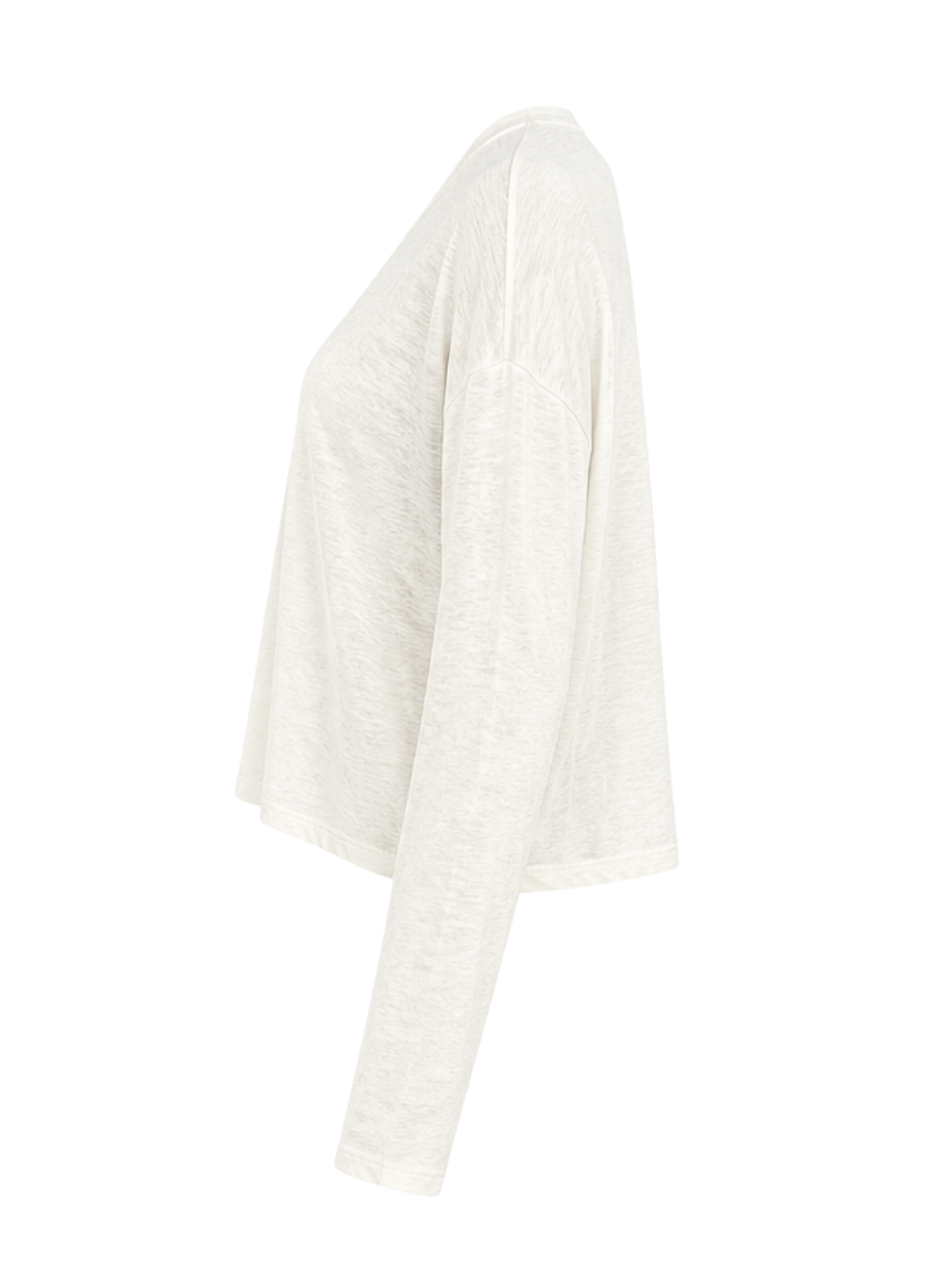 A long-sleeve cropped knit top in a textured off-white or cream color, shown from a side profile view against a plain white background.