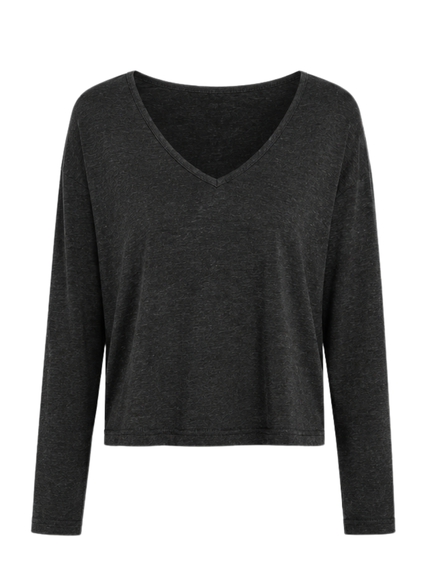 A dark charcoal gray long-sleeve V-neck crop top, displayed on a clean white background.