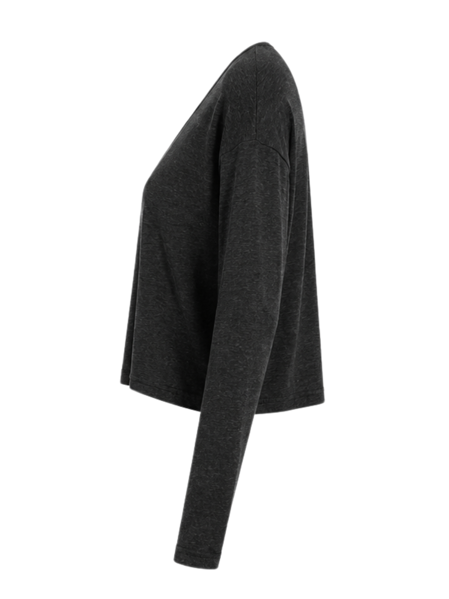 A dark charcoal gray long-sleeve knit top shown from a side profile view against a plain white background.