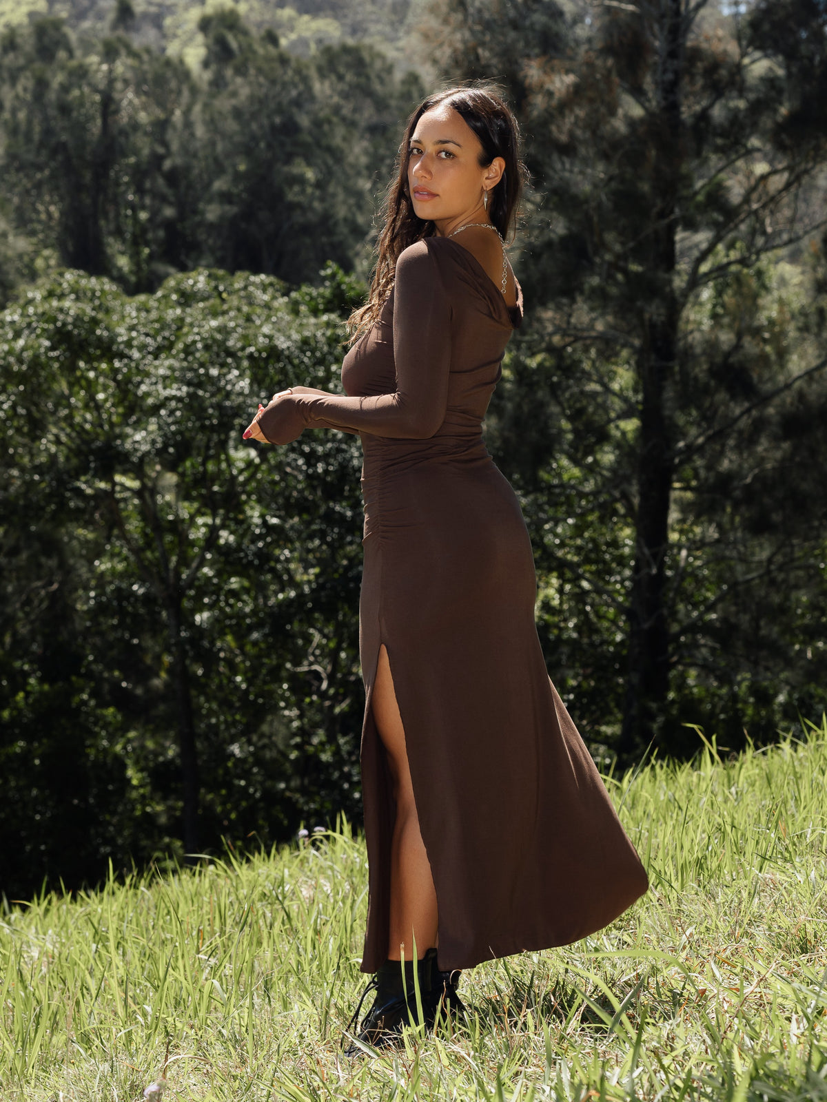 Bamboo Long Sleeve Cowl Neck Maxi Dress - Cocoa