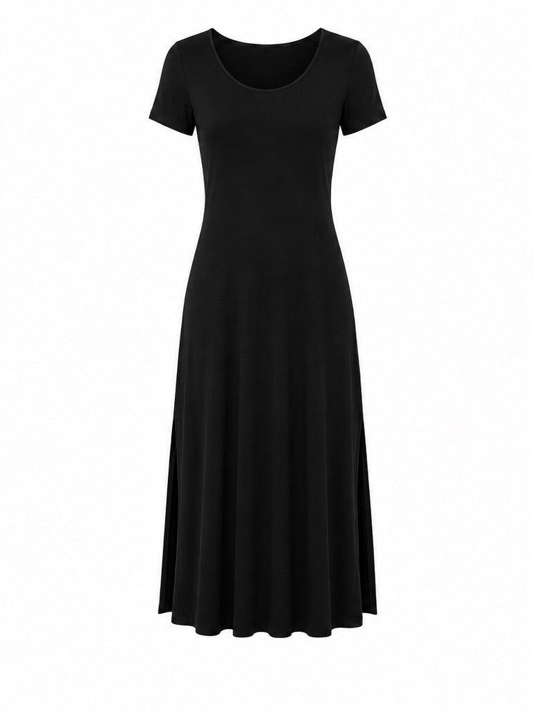 Bamboo Short Slv Scoop Neck Midi Dress - Black