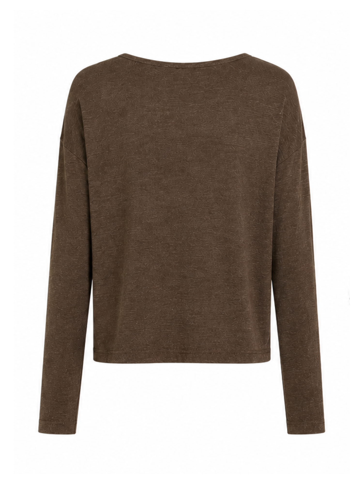 A brown long-sleeve knit top with a wide boat neckline, shown from the back on a plain white background.