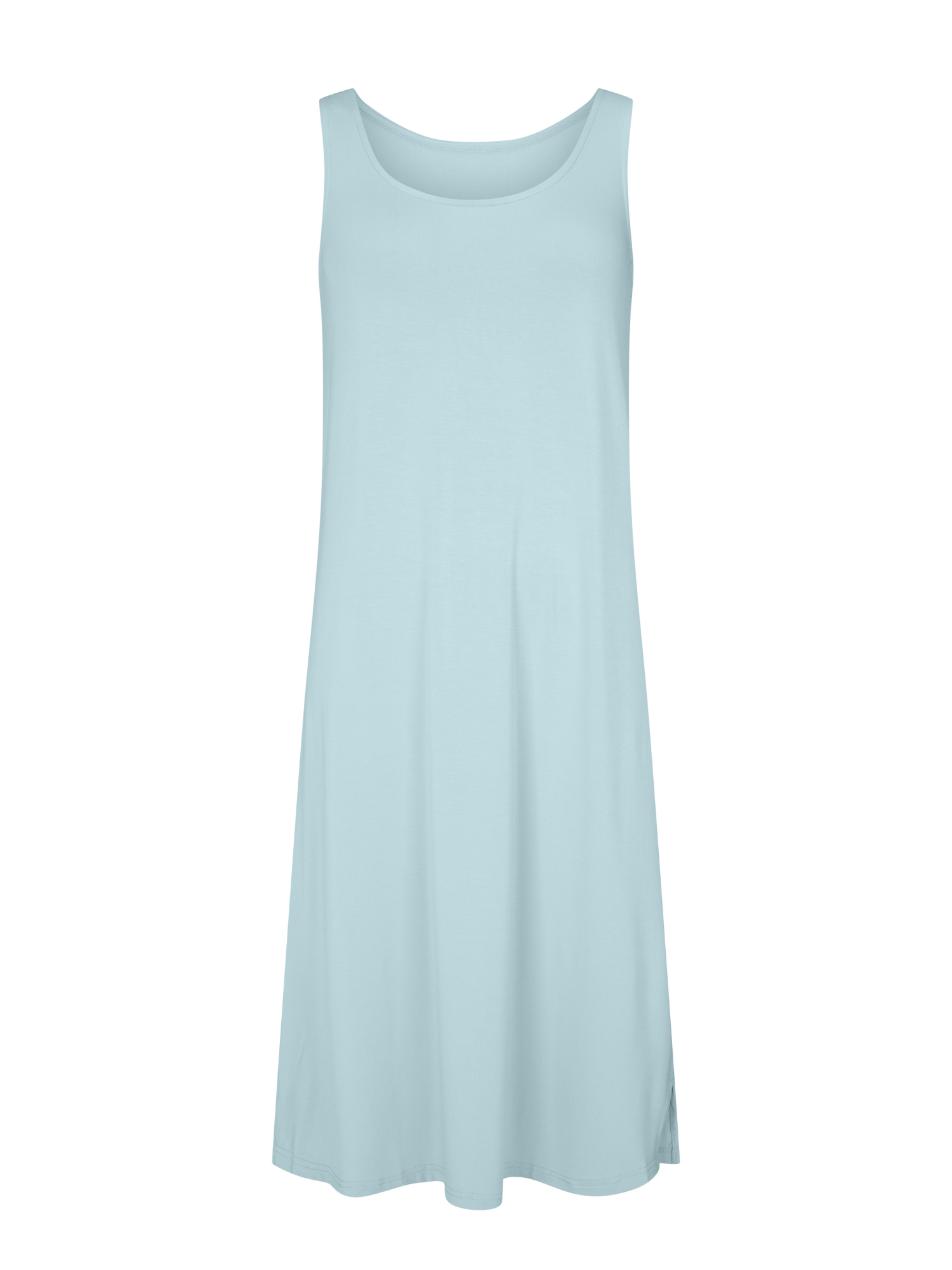 Reversible light Topaz blue sleeveless a-line mid length bamboo dress with boat or round necklines, on a white background