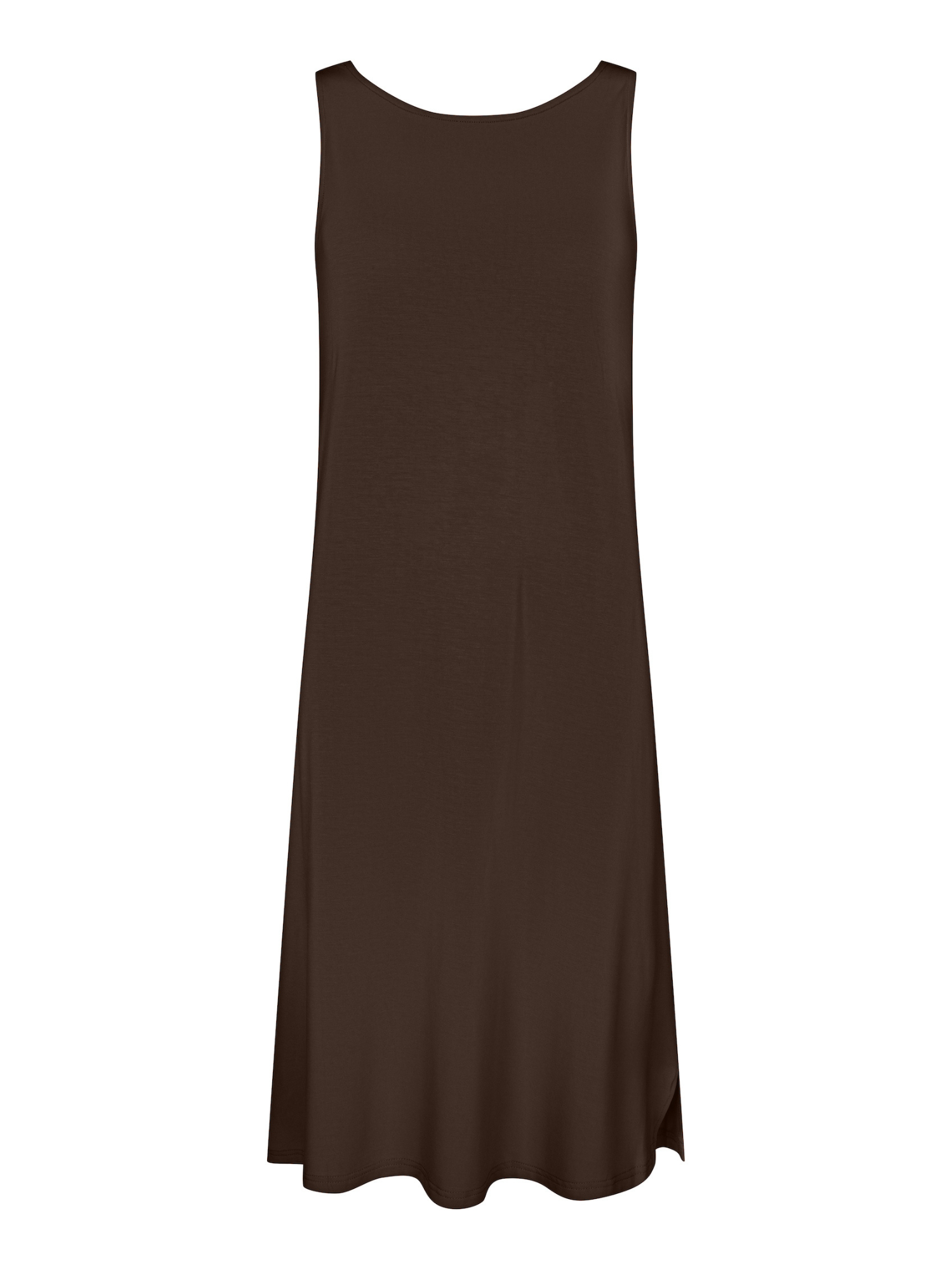 Reversible cocoa brown midi length a-line sleeveless dress with scoop and boat necklines, women's bamboo clothing