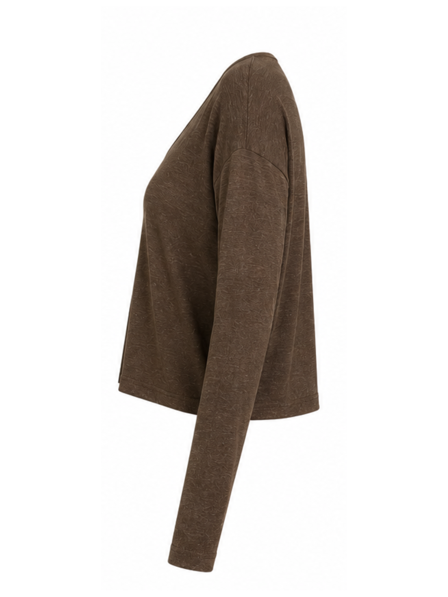 A brown long-sleeve knit top shown from a side profile view against a plain white background.