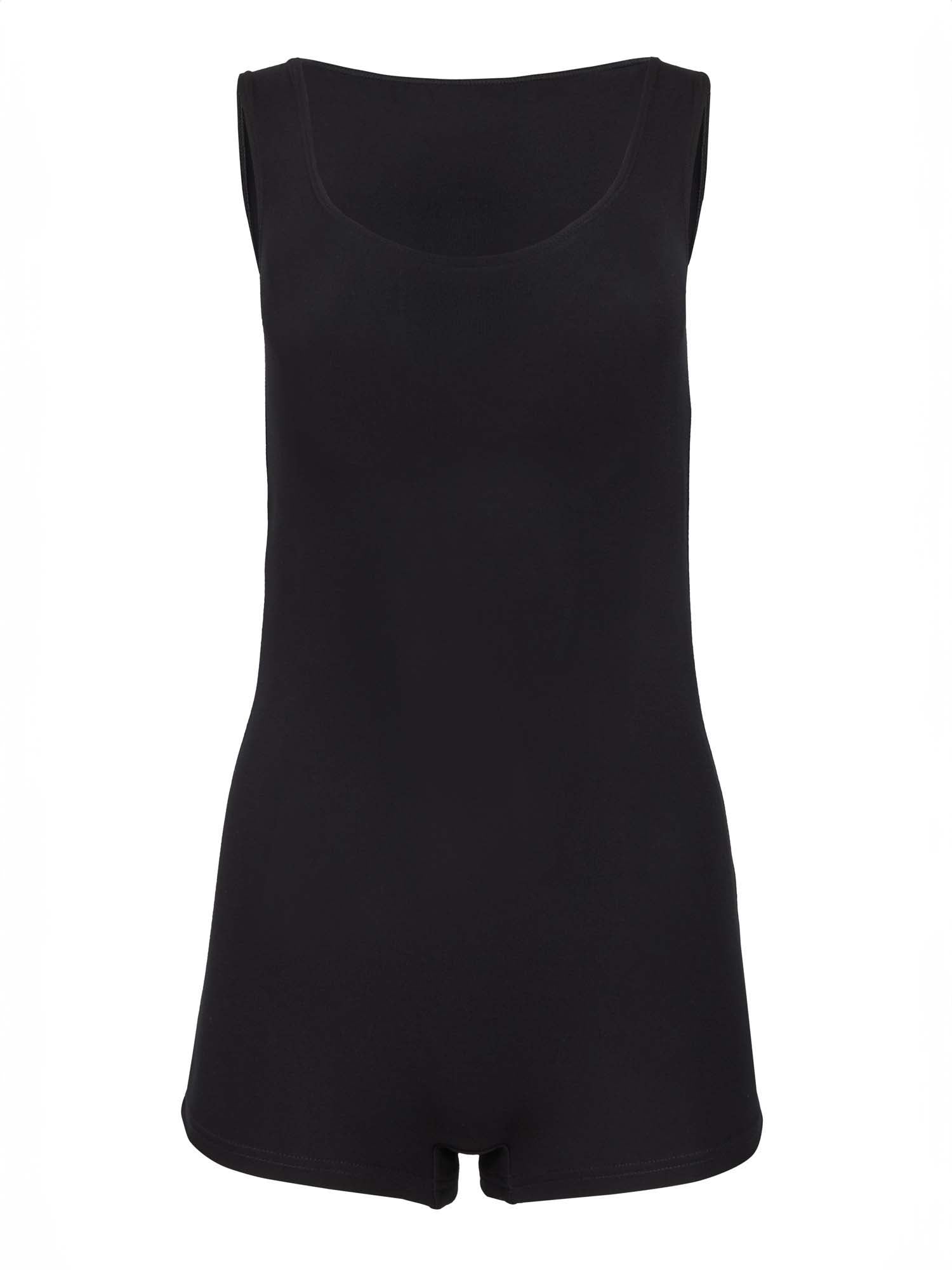 Model wearing a reversible black boyleg bodysuit with scoop and boat necklines, women's bamboo clothing