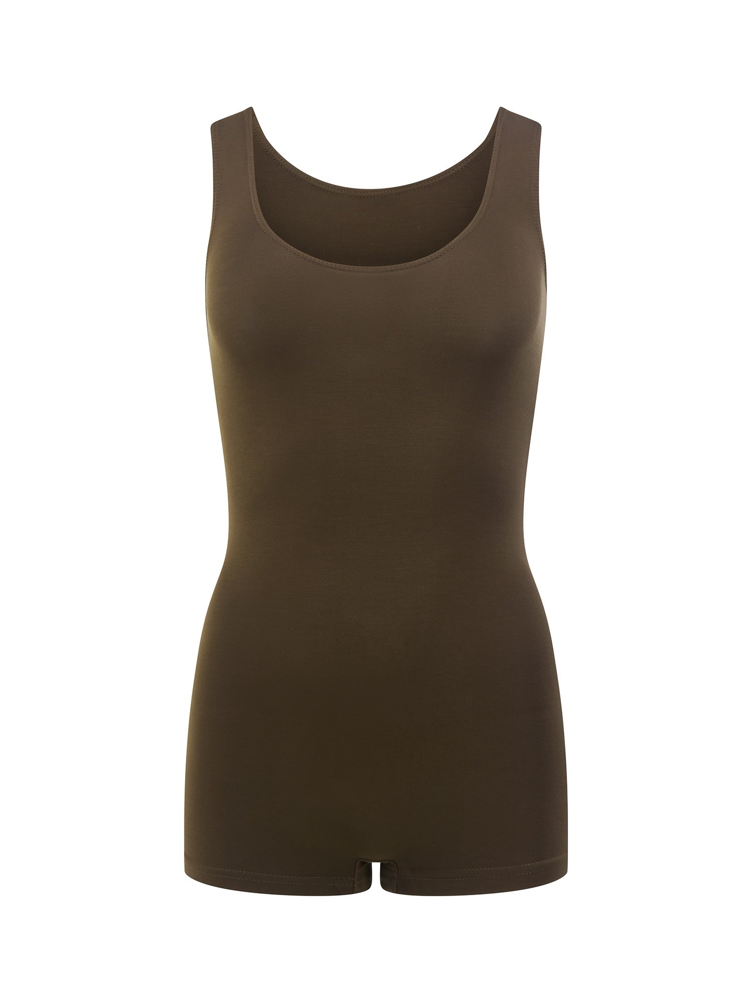Reversible cocoa brown boyleg bodysuit with scoop and boat necklines, women's bamboo clothing