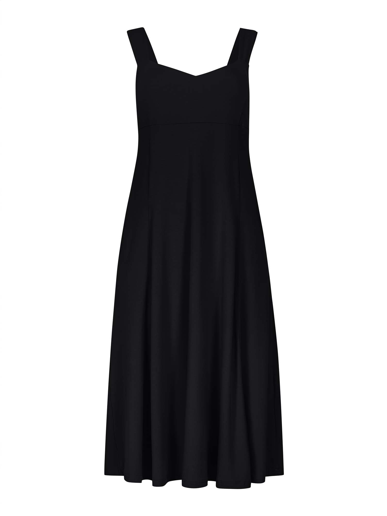 Model wearing a black mid length swing style dress with a sweetheart neckline and pockets, women's bamboo clothing